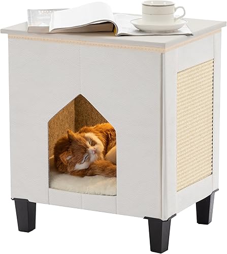 NUROMY Casa para gatos de interior condominio, muebles para gatos con gran área para rascar, cueva escondida para gatos, mesa auxiliar de cuero para
