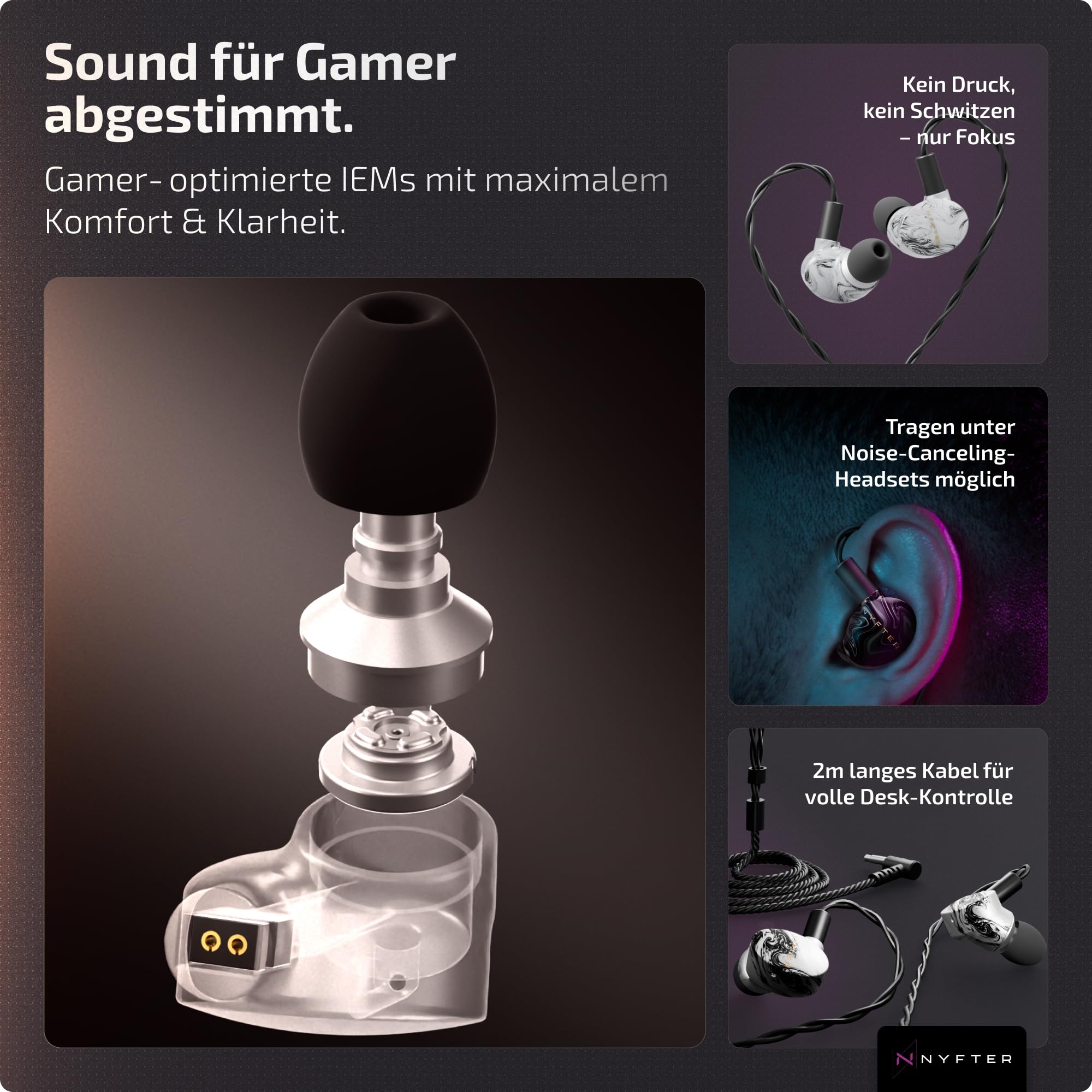 Nyfter - Mizu White Gaming IEM Hybride In-Ear-Monitore, HiFi Kopfhörer mit handgefertigter Harzschale mit einzigartigem Design - 2m Kabel - Soundprofil für Gaming & E-Sport (Extra Thick Cable)