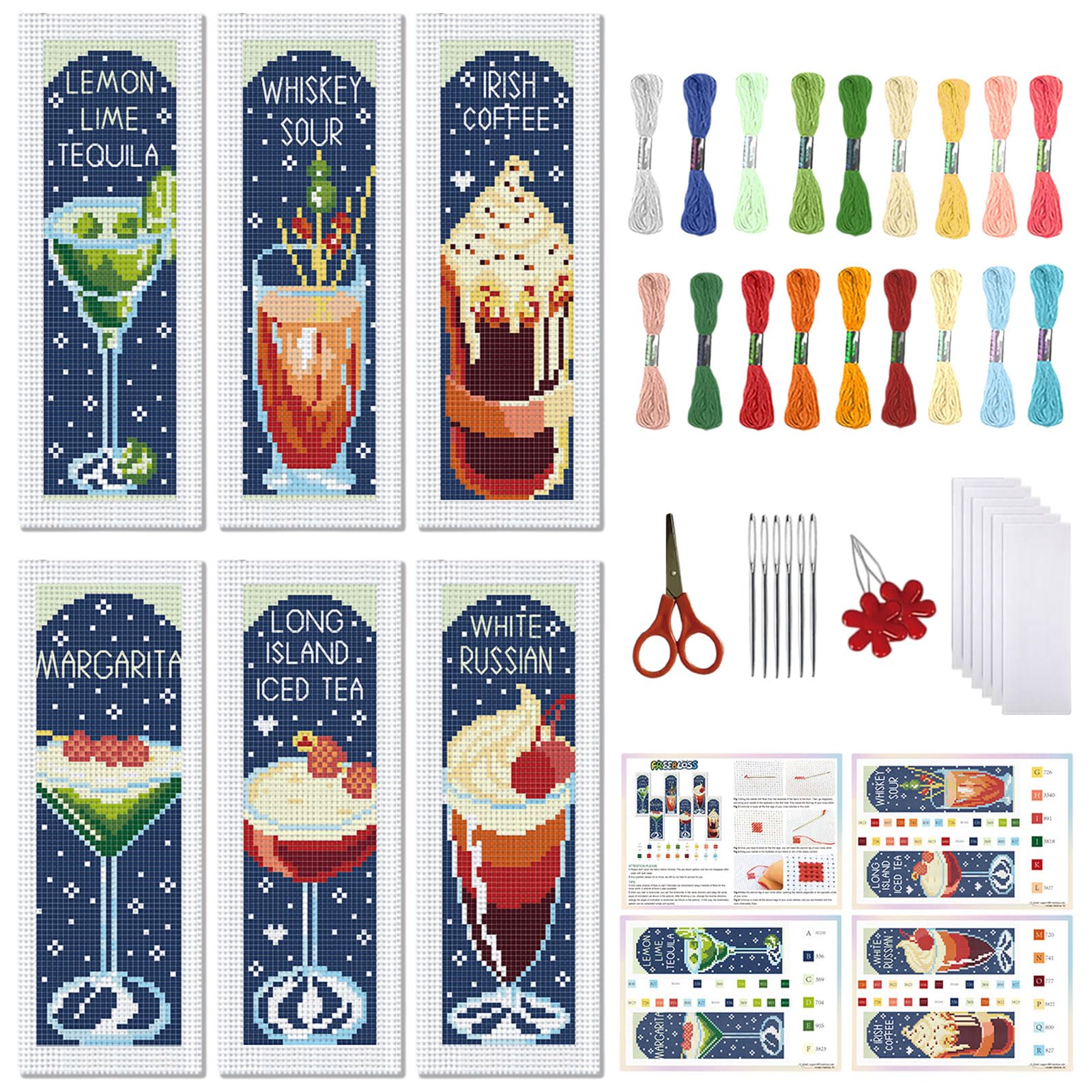 FREEBLOSS 6 Set Cross Stitch Bookmark Kit Stamped Cross Stitch Kit for Beginners Embroidery Set with Instruction for Adult Cocktail Theme Patterns 8"*2.4"