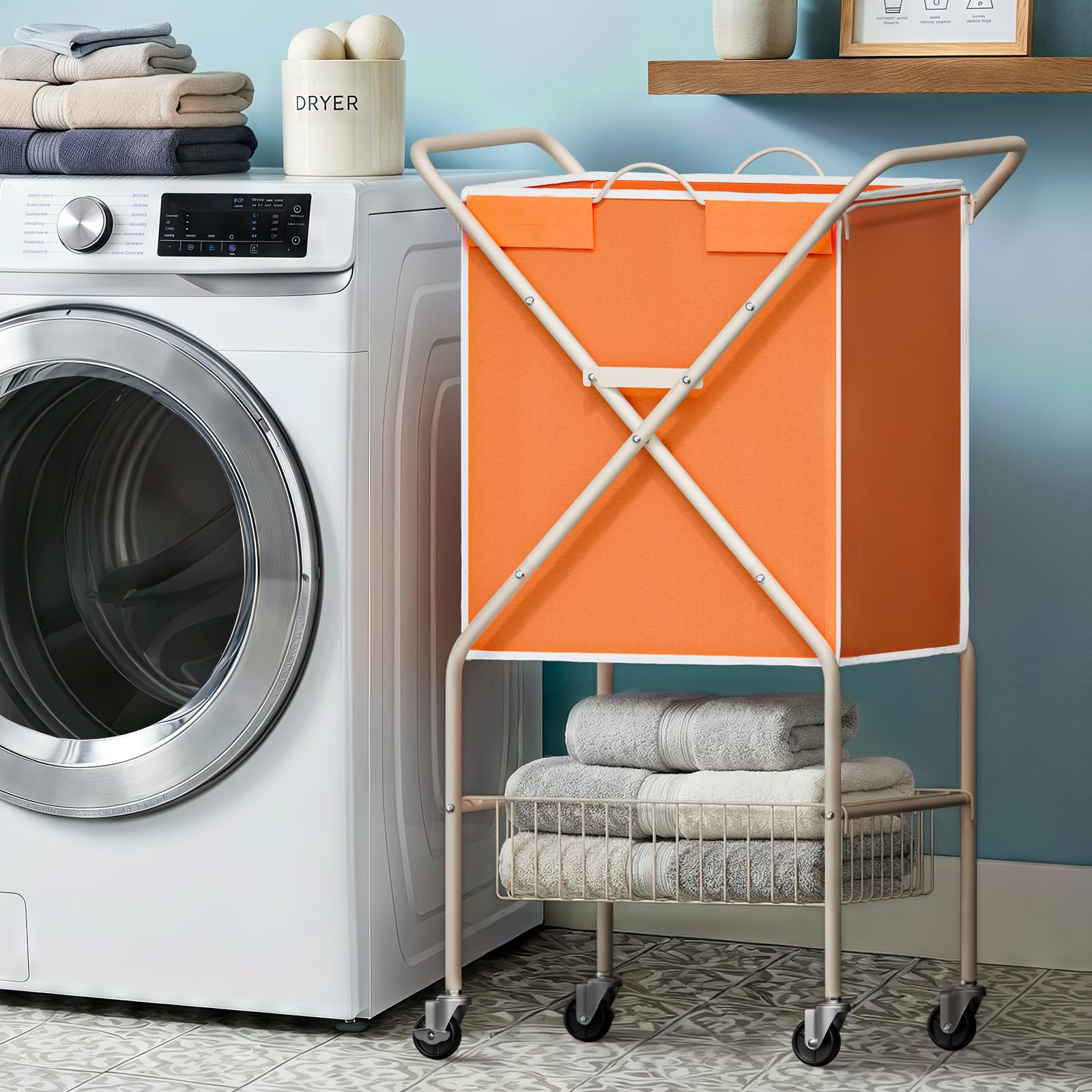 Convenient Laundry Basket with Wheels,36" High Easy Rolling Laundry Cart with Wheels,Heavy Duty Dirty Clothes Laundry Hamper with Handles Removable Bag for Seniors,Folding Metal Frame/Orange/98L