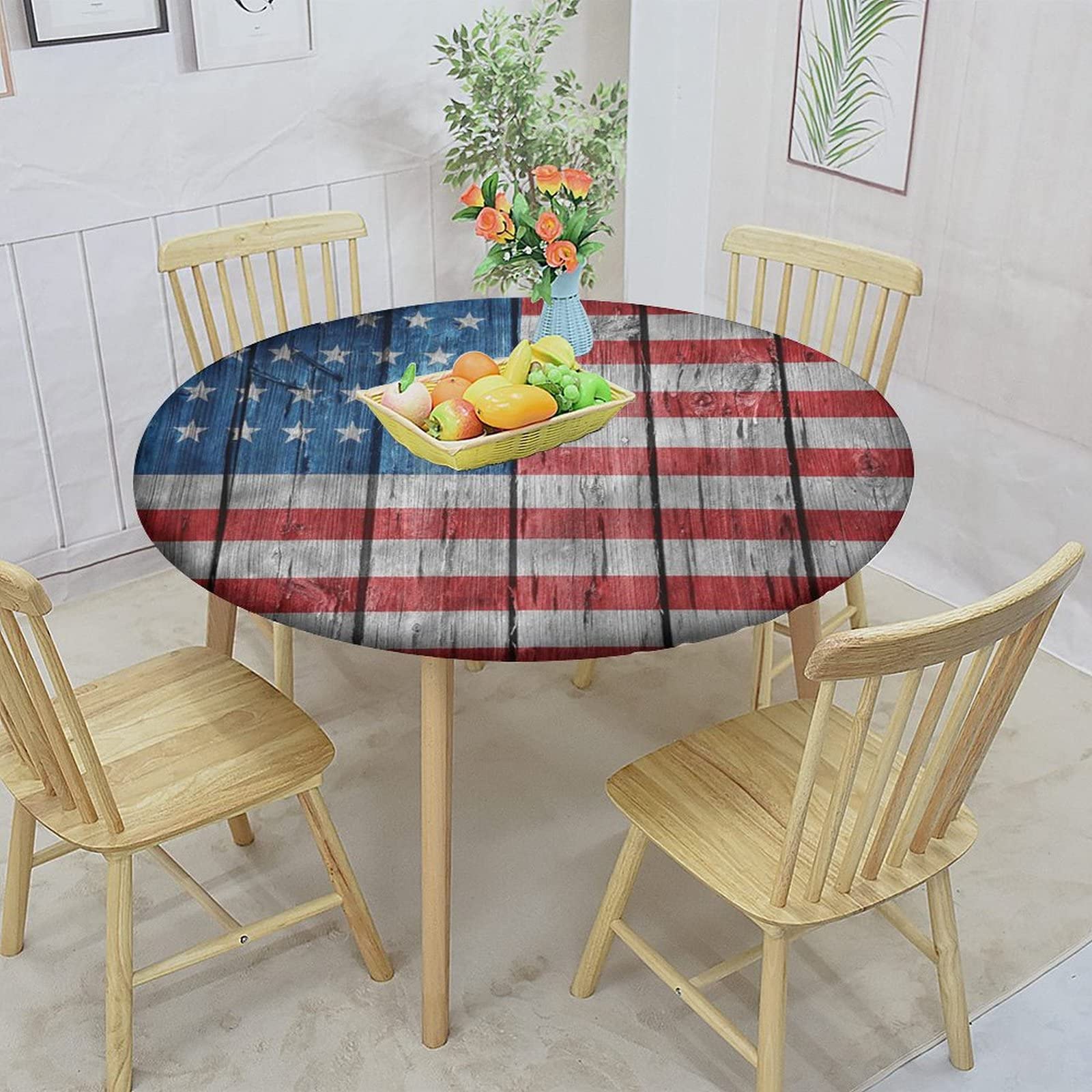 USA Elastic Edged Polyester Fitted Table Cover,Worn Style American Flag Round Fitted Tablecloth, Fits Round Table 36