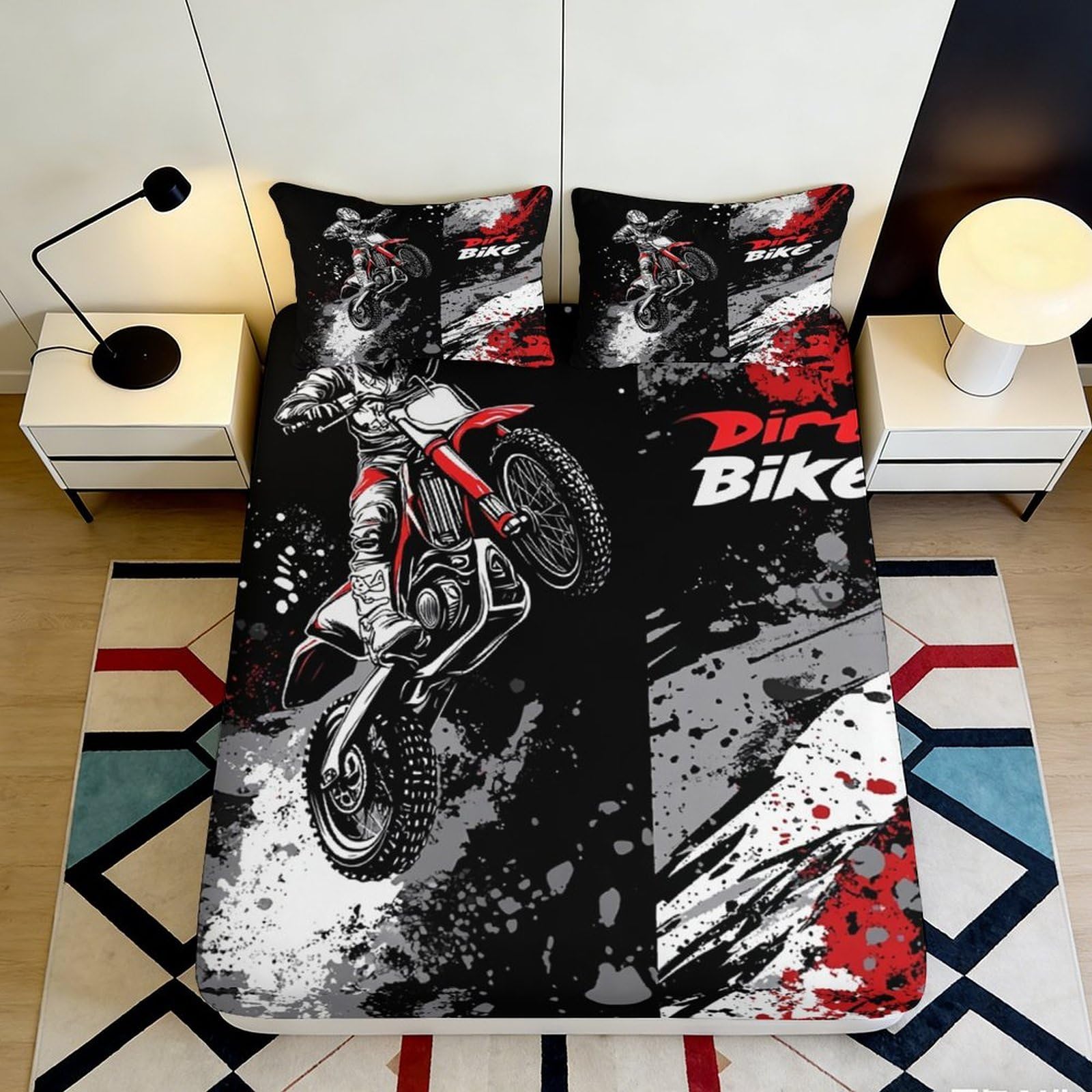 Qjzxknhpgr Style-1 3D Printed Motocross Dirt Bike Fitted Sheet Microfiber Black Red Bed Cover For Bedroom Dorm Mattress Protection Decor 90X200x25cm