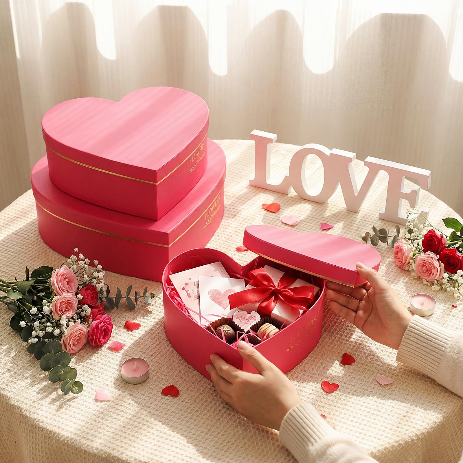Glenmal Herzförmige Geschenkboxen mit Deckel, 100 g, geschreddertes Papier, stapelbar, Herz-Blumenkästen für Valentinstag, Hochzeit, Geburtstag, Babyparty, Geschenkverpackung, Rosenrot, 3 Stück