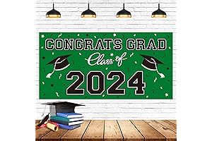 2024 Graduation Party Plastic Backdrop: Large Congrats Grad Banner in Vibrant Green...