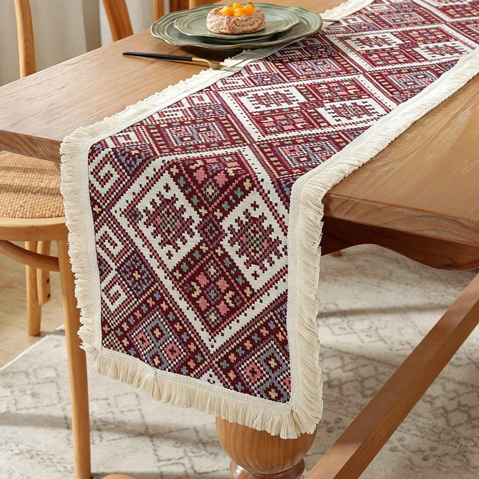 Hand-Woven Tassel Table Runner, Thickened Cotton-Linen Blend Table Runner, Yarn-Dyed Jacquard, Suitable for Weddings, Birthdays,and Seasonal Home Decor(Red,30x180cm/11.8x70.8in)