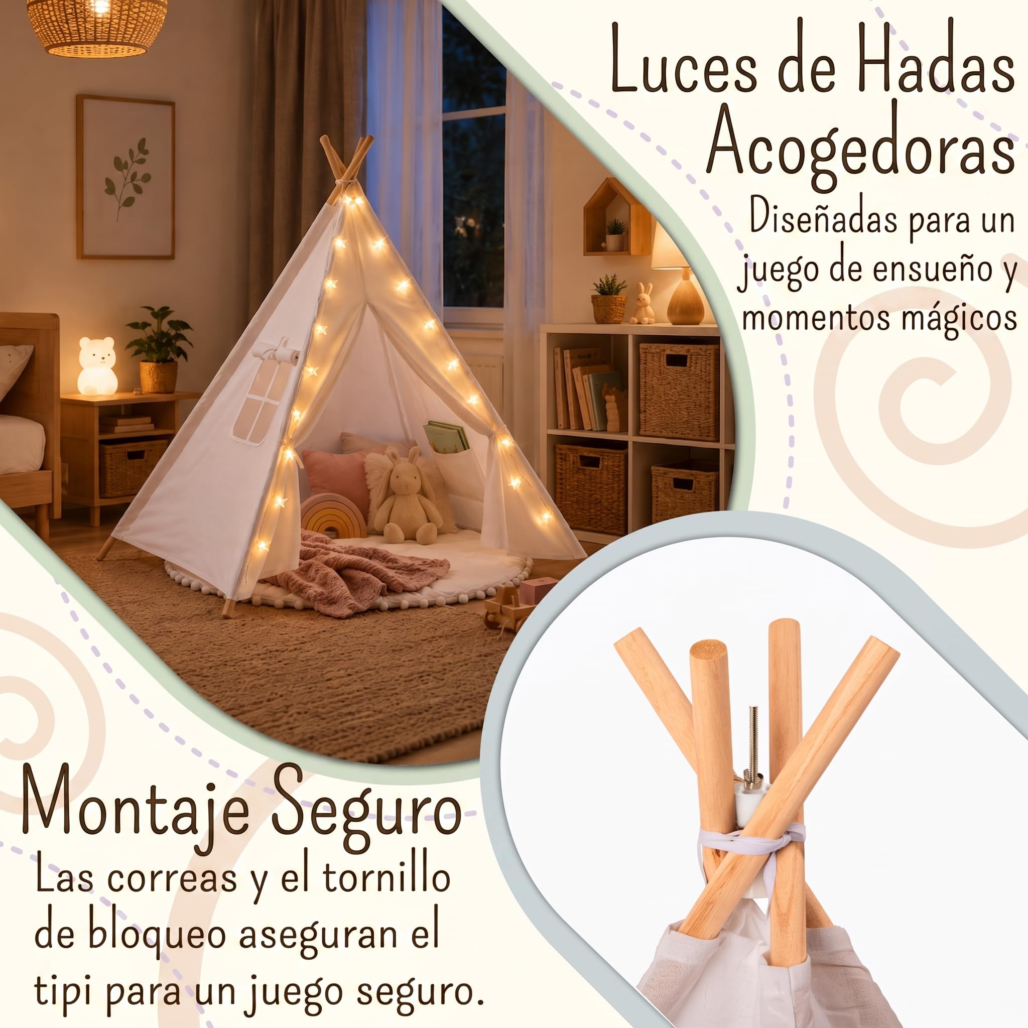 Tienda tipi para niños en blanco marfil | Tienda de juego/tienda inflable blanca para niñas y niños 140 x 120 cm en lona de algodón, con guirnalda de 3 metros de luces en forma de estrella y