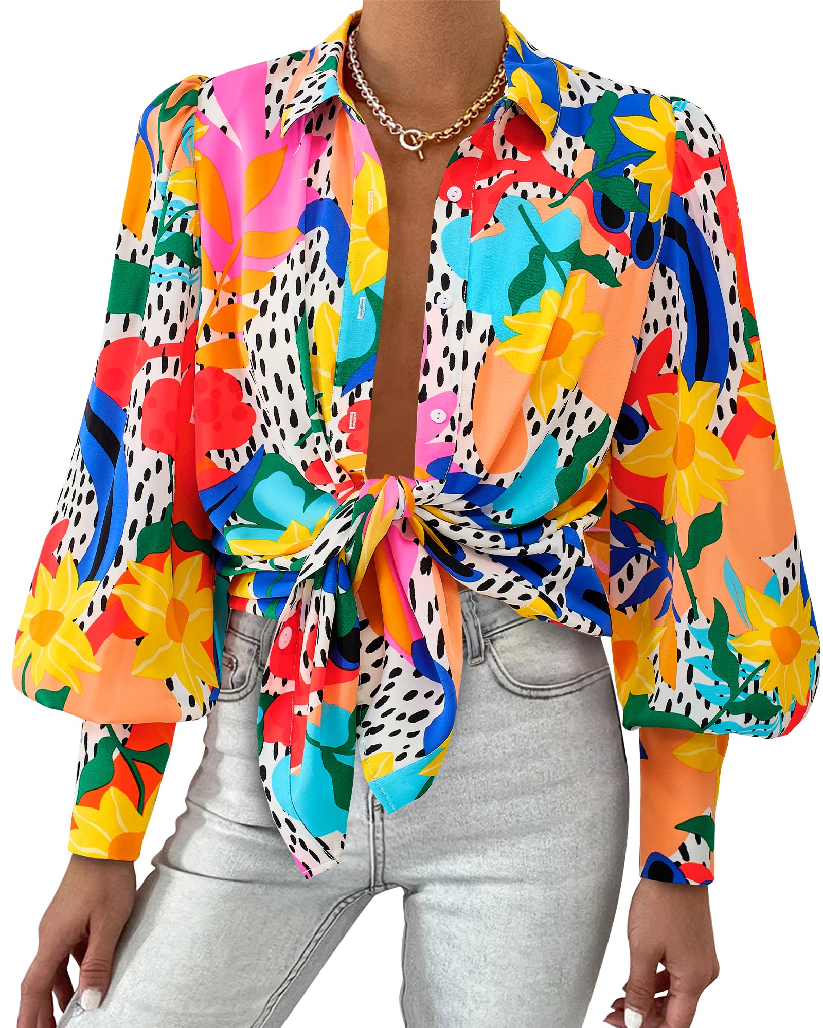 Women Fashion Button Down Shirts 2026 V Neck Boho Printed Long Sleeve Blouses Dressy Casual Spring Fall Tops