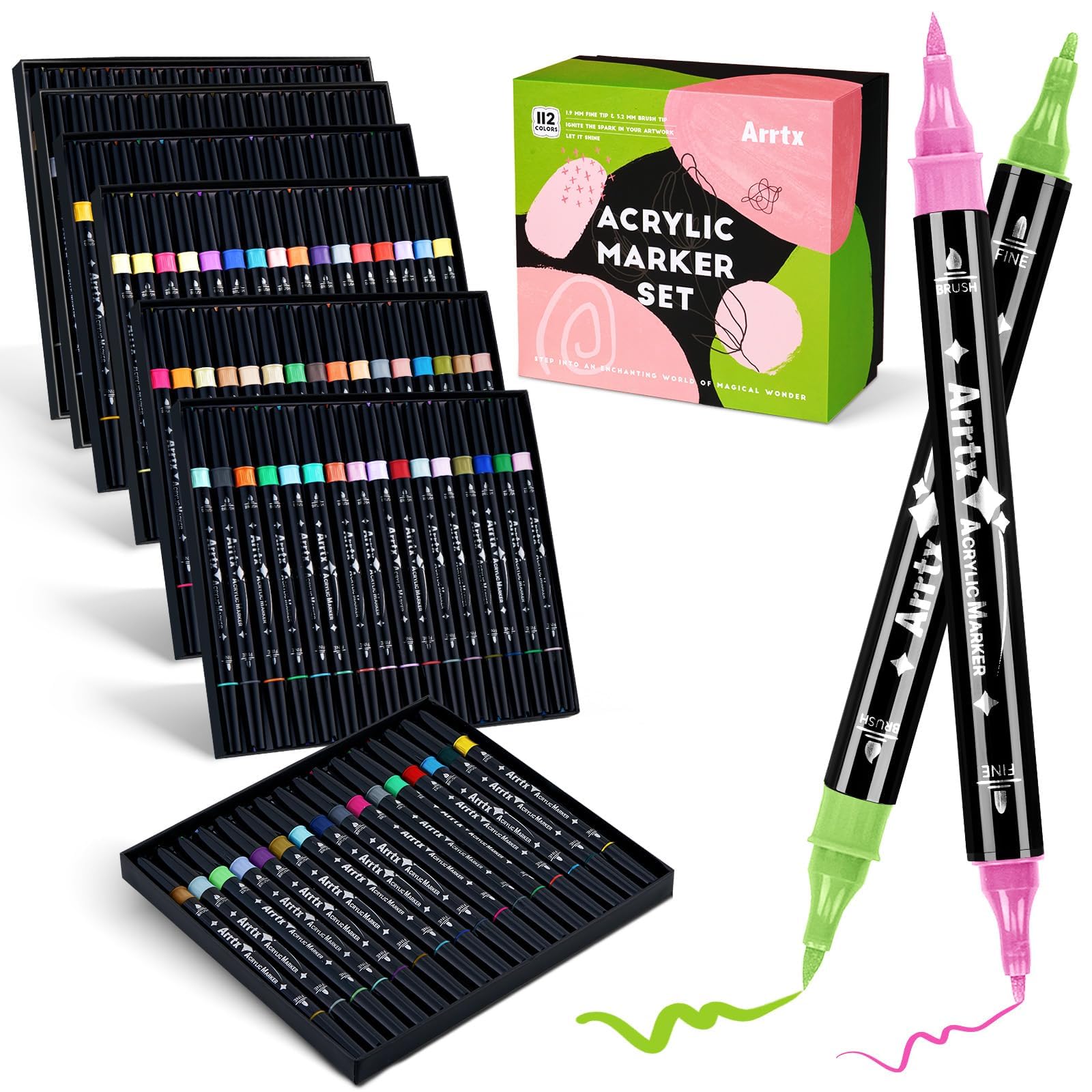 Arrtx 112 Colors Acrylic Marker Pens, Dual Tip with Brush and Fine Tip for Painting Stone Wood Canvas Glass Ceramic Fabric Stone Plastic Artist Markers for Adults