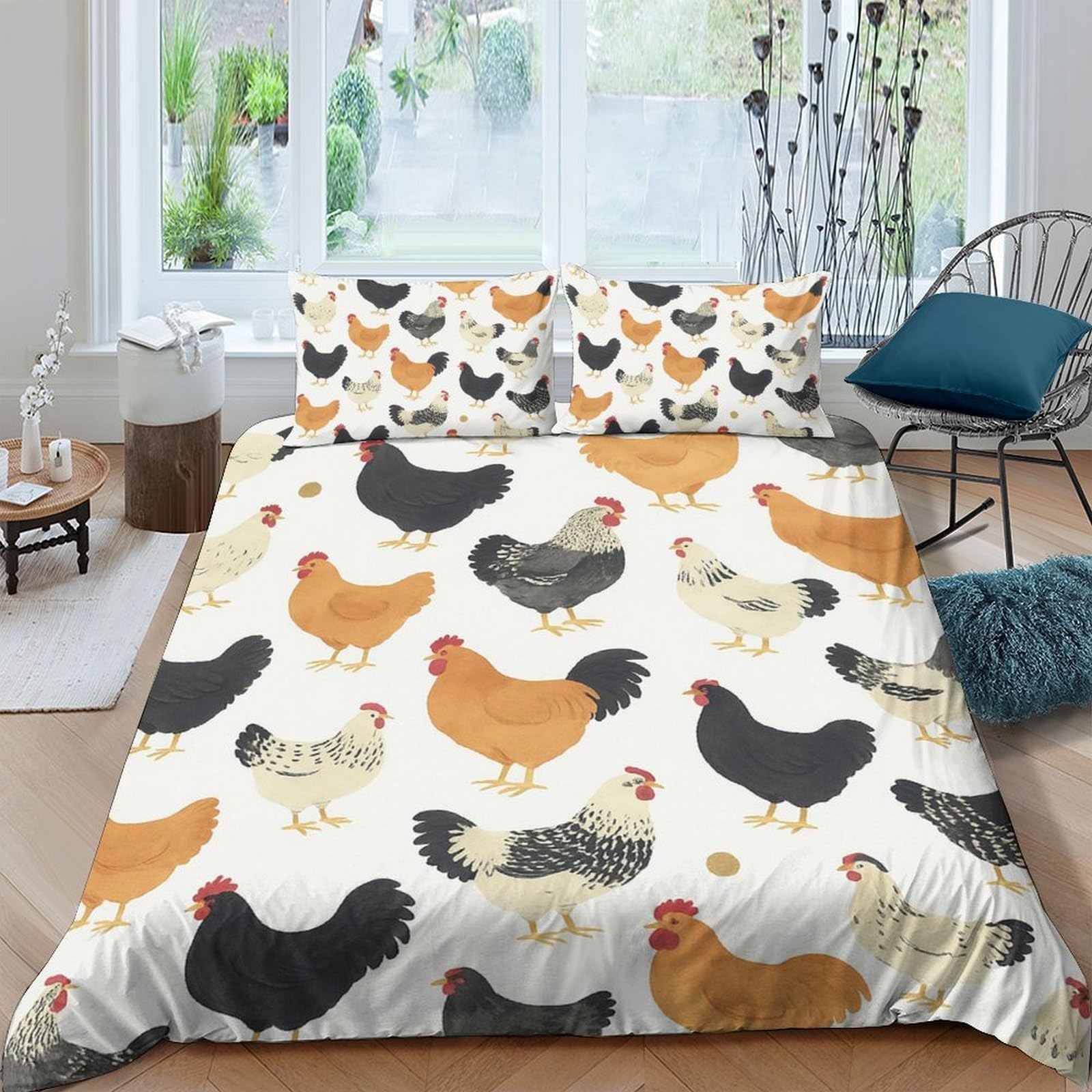 GPLZQXKJNH 3D Printed Chicken Hen Duvet Cover Microfiber Soft Breathable Farm Animal Quilt Cover with 2 Pillowcases for Bedroom Decor Single（135x200cm）