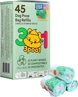 Dog Poop Bags – 45 Count (3 Rolls) – Extra Thick, Leak-Proof & Unscented – TÜV & USDA Certified – Plant-Based Solution for Pet Waste – Color-Coded, Coreless – Made in USA
