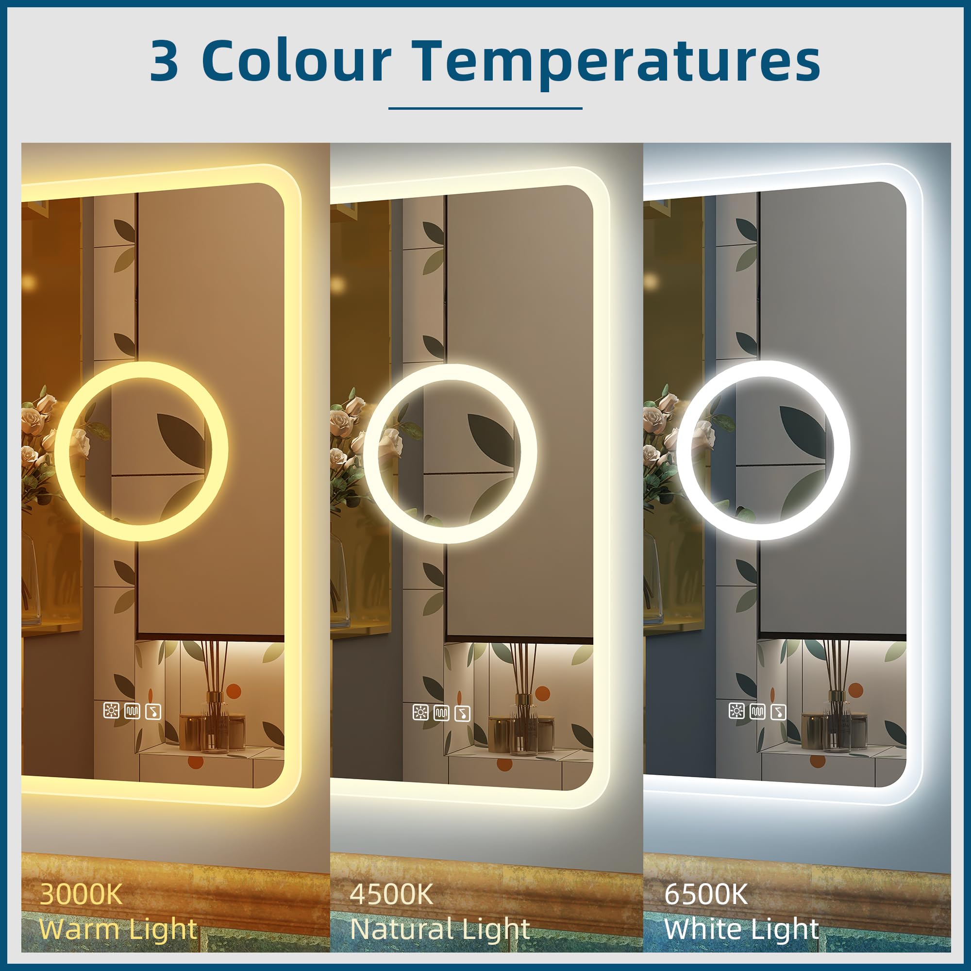 STARLEAD Specchio-Bagno-con-Luce 100x70cm, Specchiera-Bagno-LED con Bluetooth e Lente D'ingrandimento 5x, Antifog, Dimmerabile, 3 Colori Luce, Memoria, Vetro Temperato HD, IP44, Orizzontale/Verticale