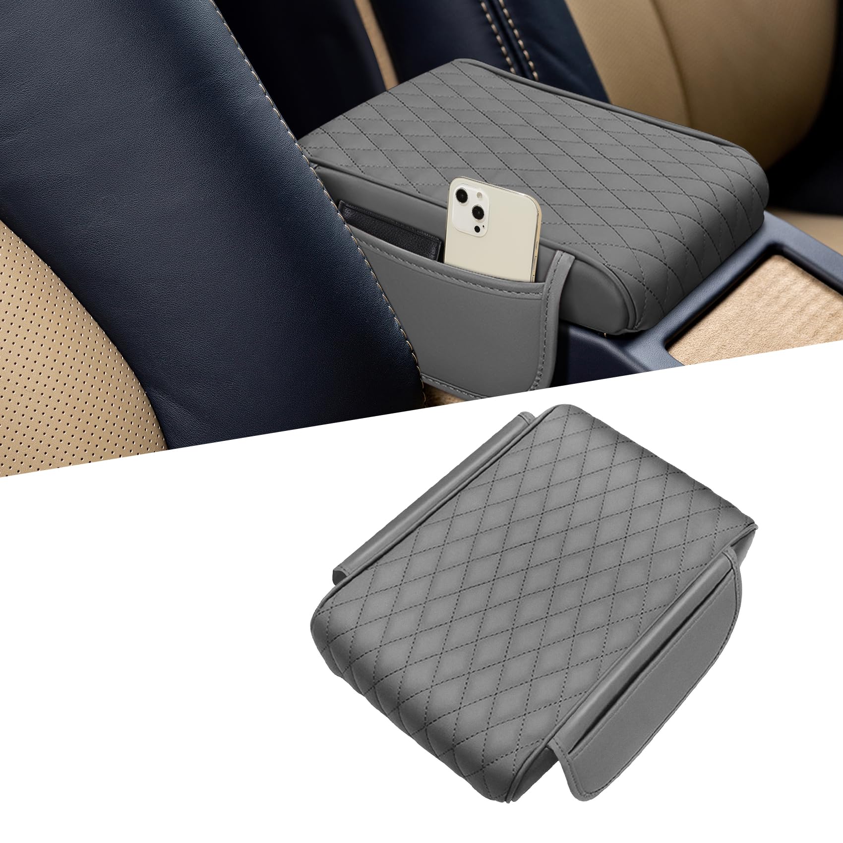 WINUERK Car Center Console Cover, Napa Leather Car Armrest Cushion with Side Pockets, Memory Foam Auto Armrest Seat Box Mat, Universal Interior Armrest Protective Cover Accessories for Most Vehicle