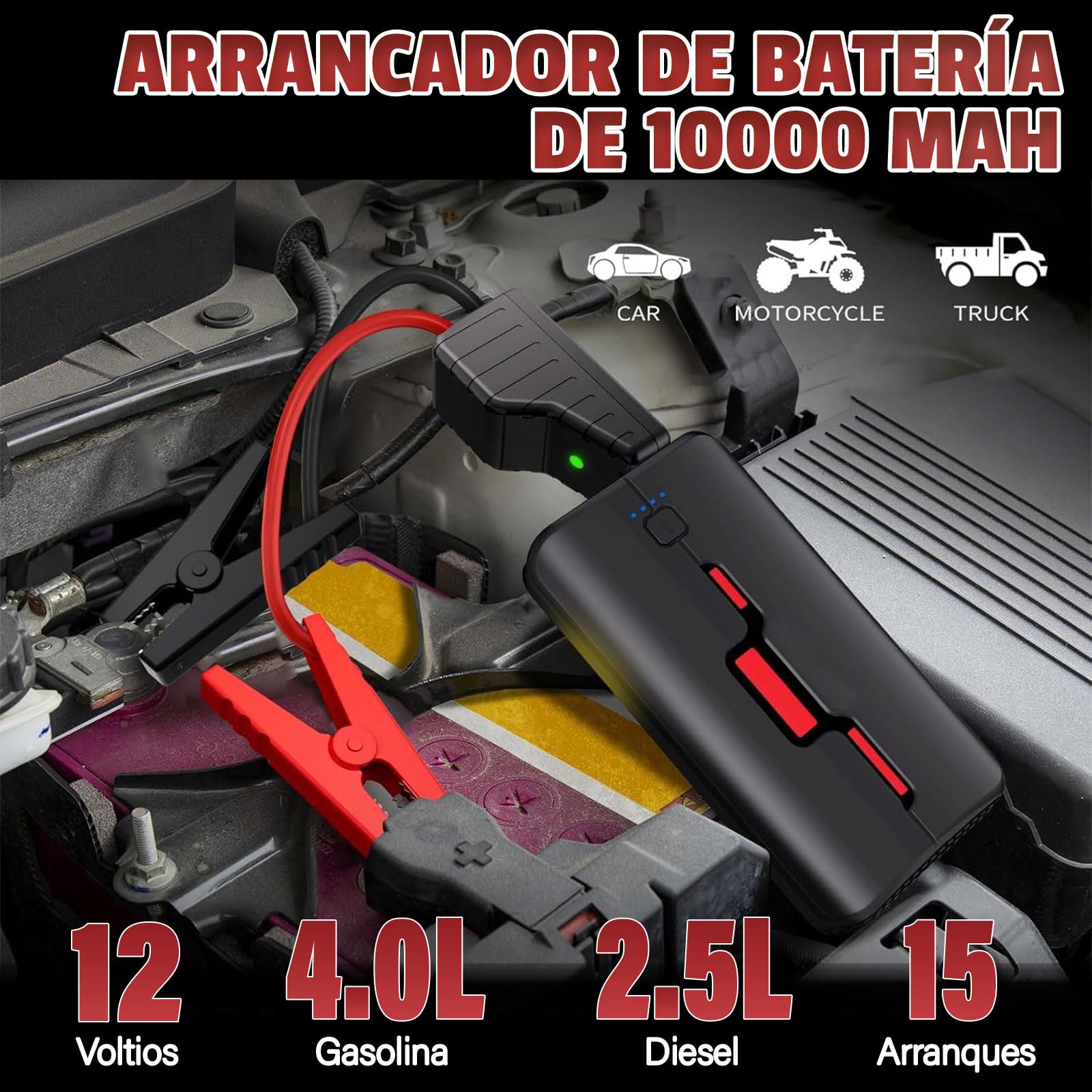 Arrancador de Batería de Coche 600A 10000mAh - Jump Starter Portátil 12V para Motores Gasolina hasta 4.0L y Diésel 2.5L, Power Bank USB-C con Pinzas Inteligentes de Seguridad y Linterna LED