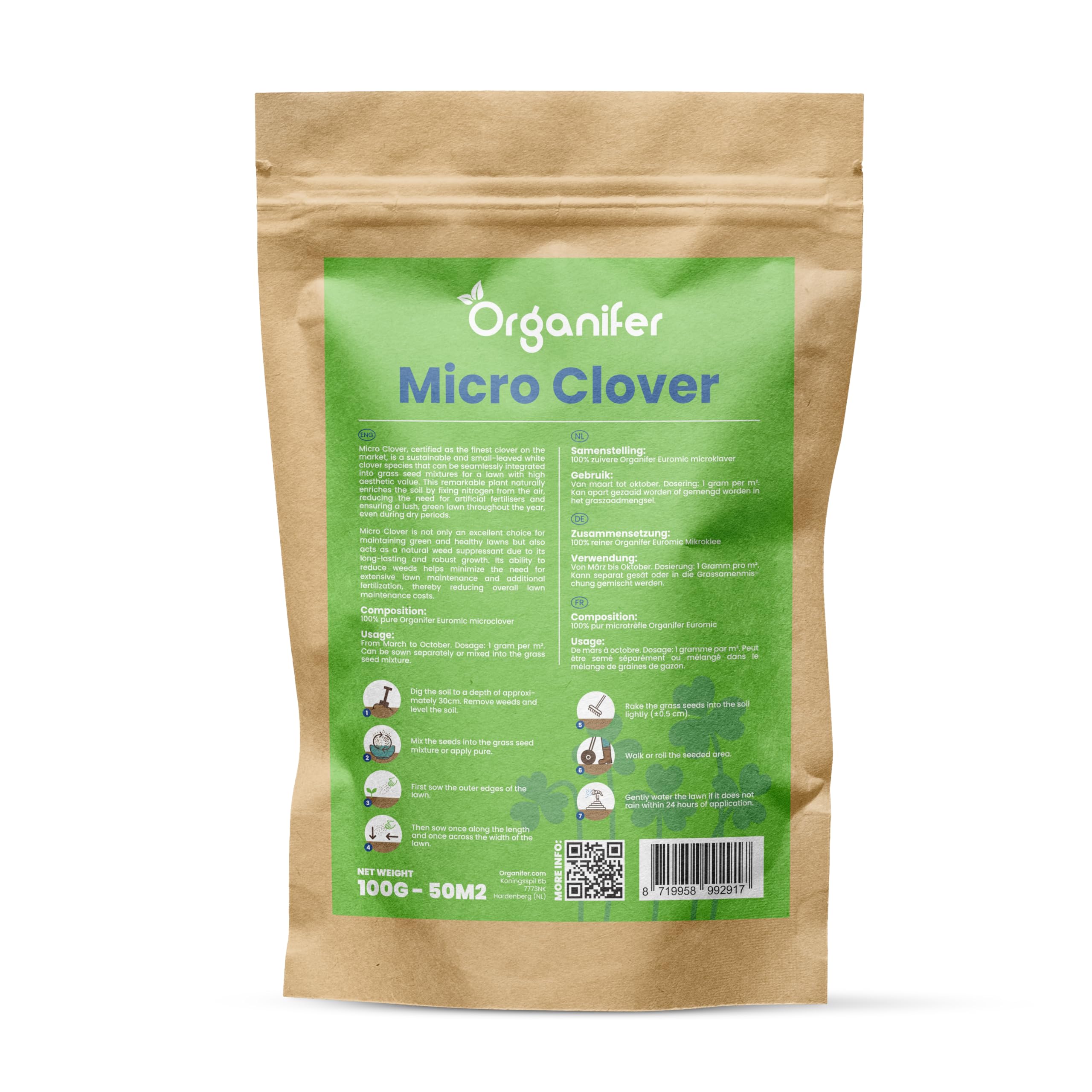 Trawnik Microclover - 100 G - 50 M2 - Wyższa tolerancja na ruch pieszy - Niskie wymagania pielęgnacyjne - Wzbogaca glebę - Naturalny środek chwastobójczy - Organizator