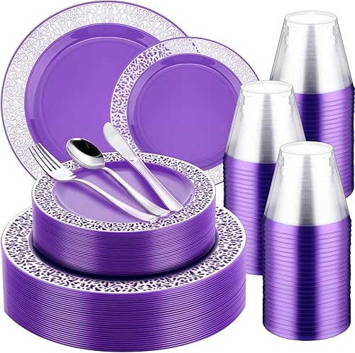 Norme Los juegos de 450 platos de fiesta de plástico morado y plateado incluyen 75 paté de 10.2 pulgadas, 75 platos de postre de 7.5 pulgadas, 75