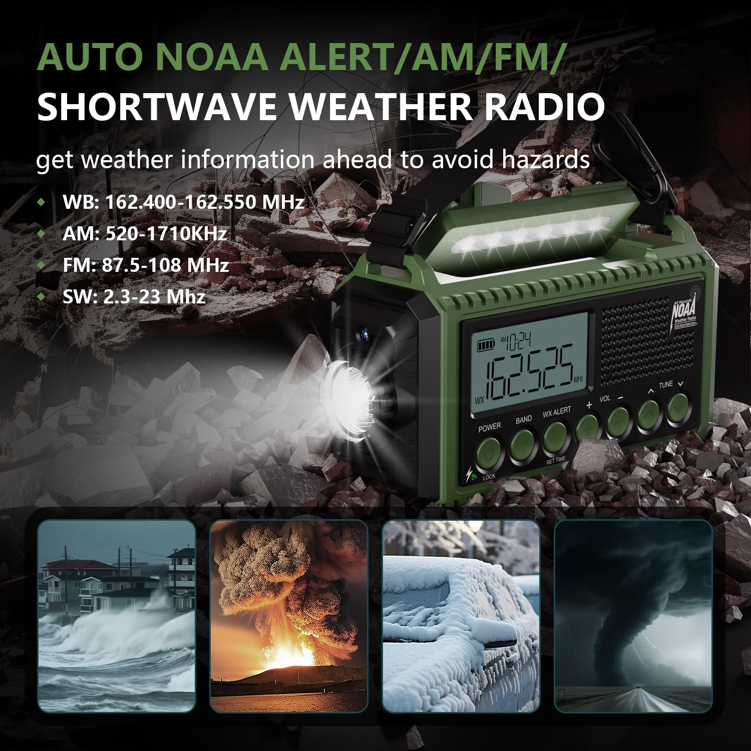 Radio di emergenza meteo 12.000 mAh, radio meteo di emergenza AUTO NOAA, radio solare a manovella, AM/FM/SW/NOAA, radio portatile allarme meteo, caricabatterie