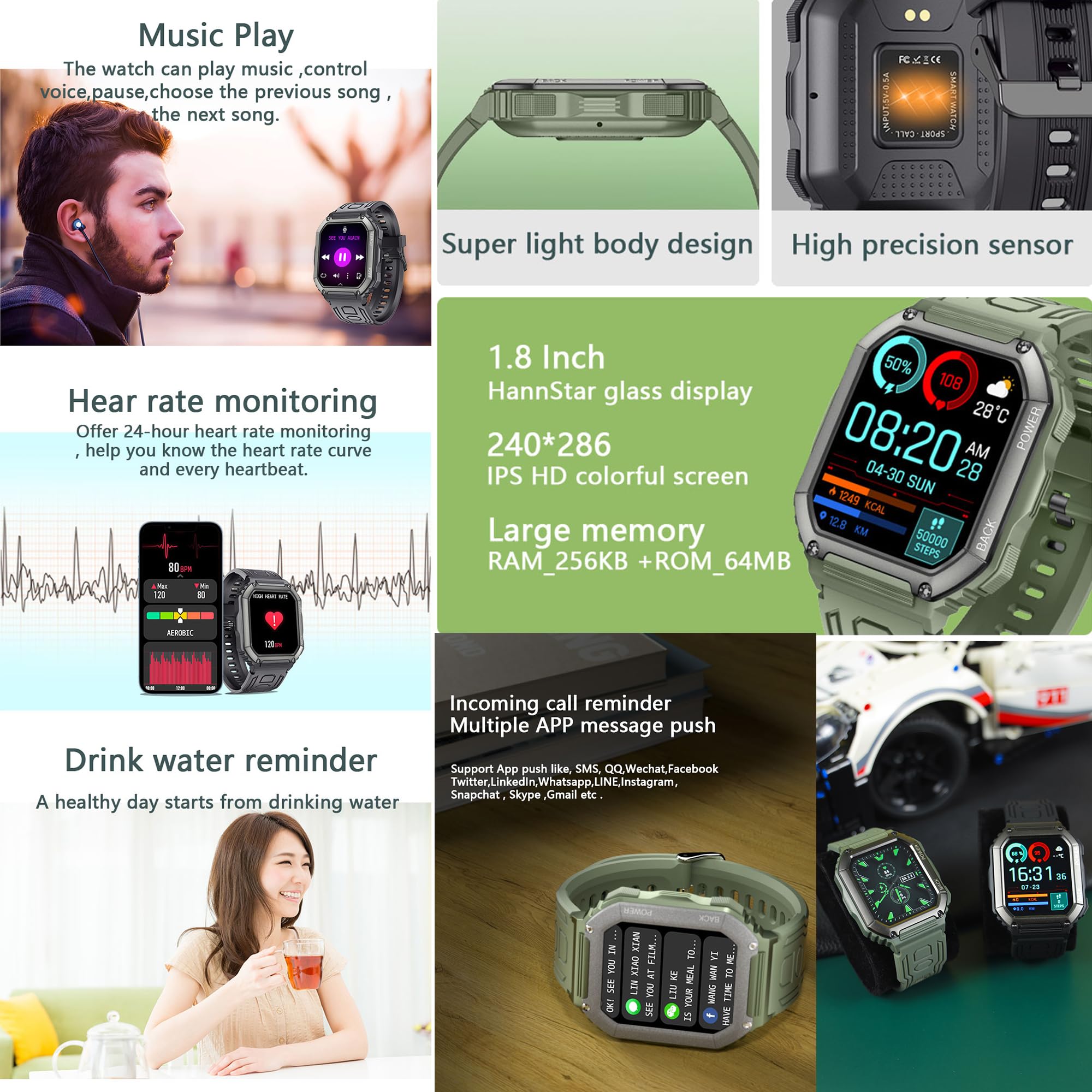 Smart Watch męski z funkcją telefonu, 1,8" HD, zegarek sportowy z Bluetooth, do monitorowania tętna i krokomierza, dla systemów iOS i Android, z 3 paskami (czarny)