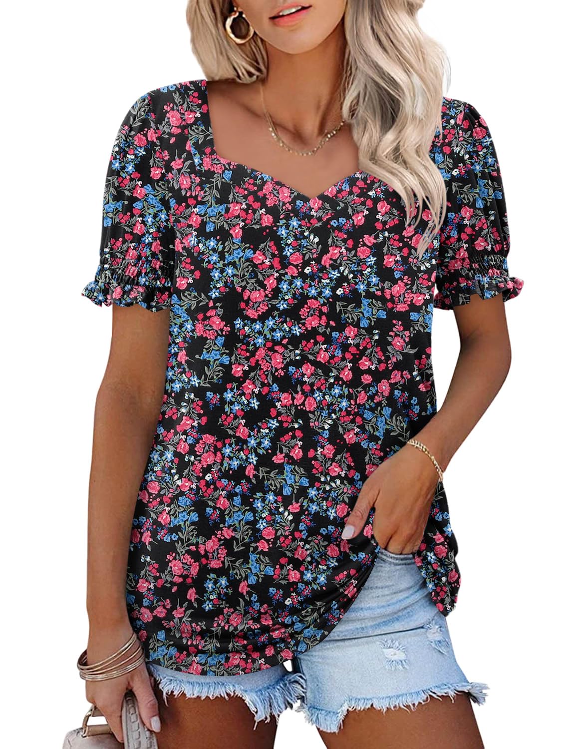 CRAZY GRID Womens Trendy Summer Tops Puff Sleeve Loose Fit Shirts Dressy Casual Blouses