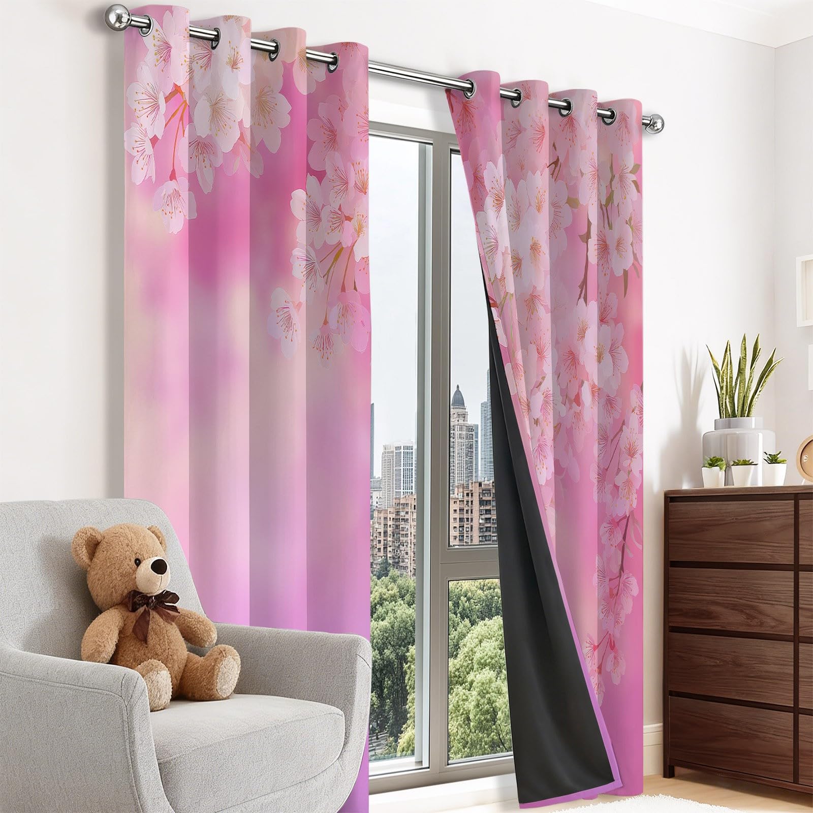 Verdunkelungsvorhänge H160 x B70 cm 2 Paneele, Geräuschreduzierung & Wärmeisolierung Feine Frühlingshafte Elegante Kirschblüten Vorhänge Blickdicht für Schlafzimmer Wohnzimmer Kinderzimmer, Rosa