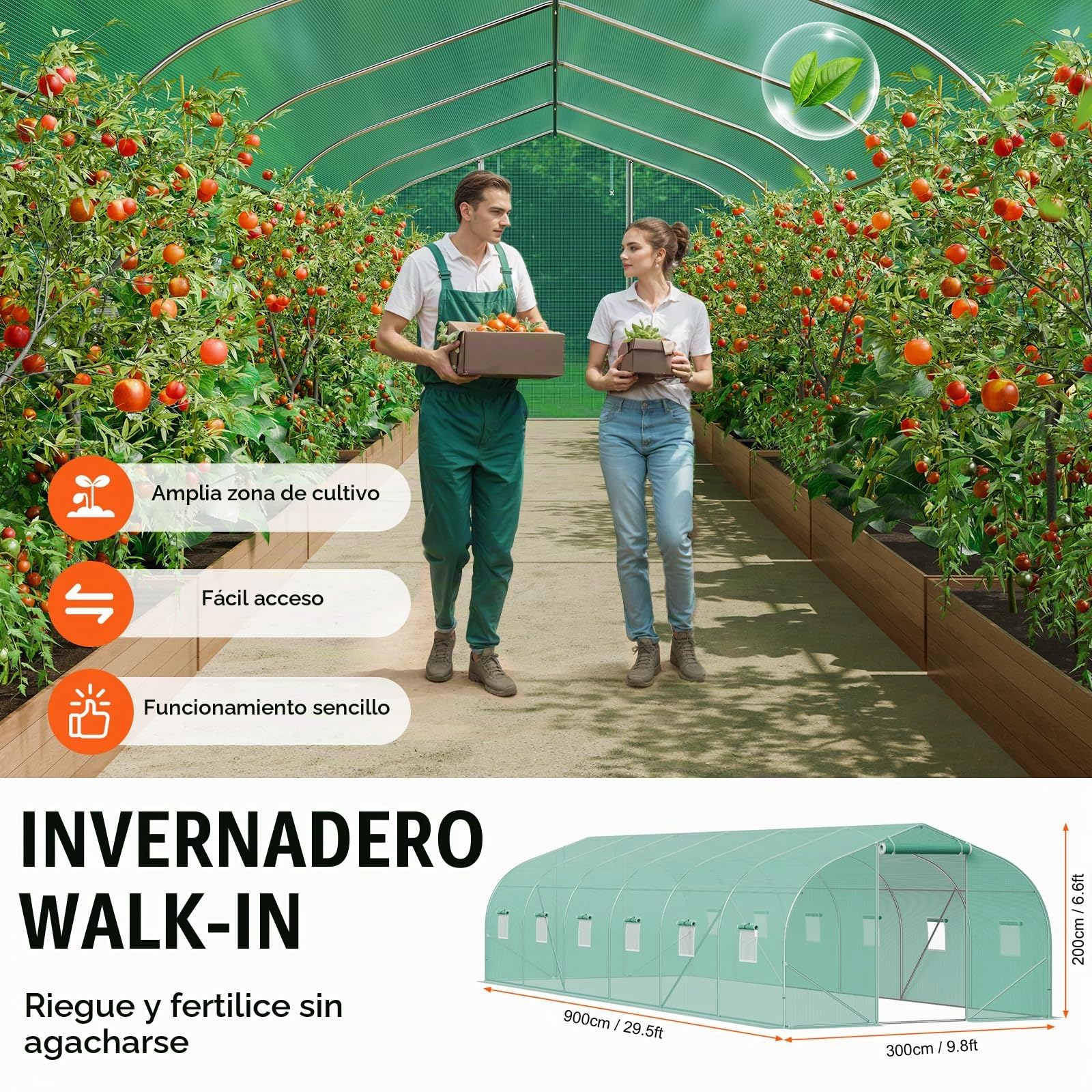 VEVOR Invernadero Túnel 900x300x200 cm Carpa Refugio para Plantas con Estructura de Acero Galvanizado Cubierta de PE Verde Puerta Enrollable con Cremallera 12 Ventanas para Cultivo de Verduras Flores