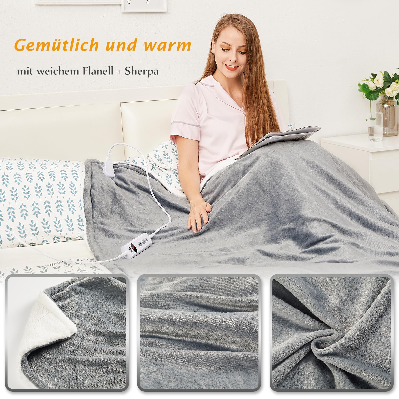 Heizdecke mit Abschaltautomatik, 130x160cm, 10 Heizstufen Up-to-9 Stunden Auto-Off-Timer Überhitzungsschutz, Elektrische Wärmedecke Bett Wärme Decke, Grau