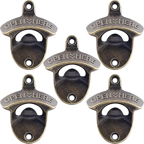 Abridor de tapa de cerveza de bronce antiguo para abrebotellas de estilo antiguo, montado en la pared inoxidable (5 paquetes)