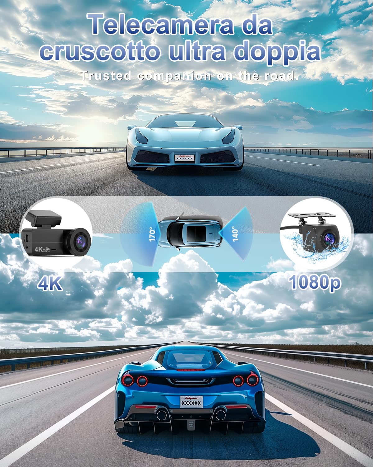 SIGRILL Dash Cam Auto 4K+1080P, Scheda 64GB Inserita, WiFi Telecamera per Auto, Super Dashcam con Visione Notturna, Modalità Parcheggio 24H, Sensore G, Dash Cam per Auto con Registrazione in Loop