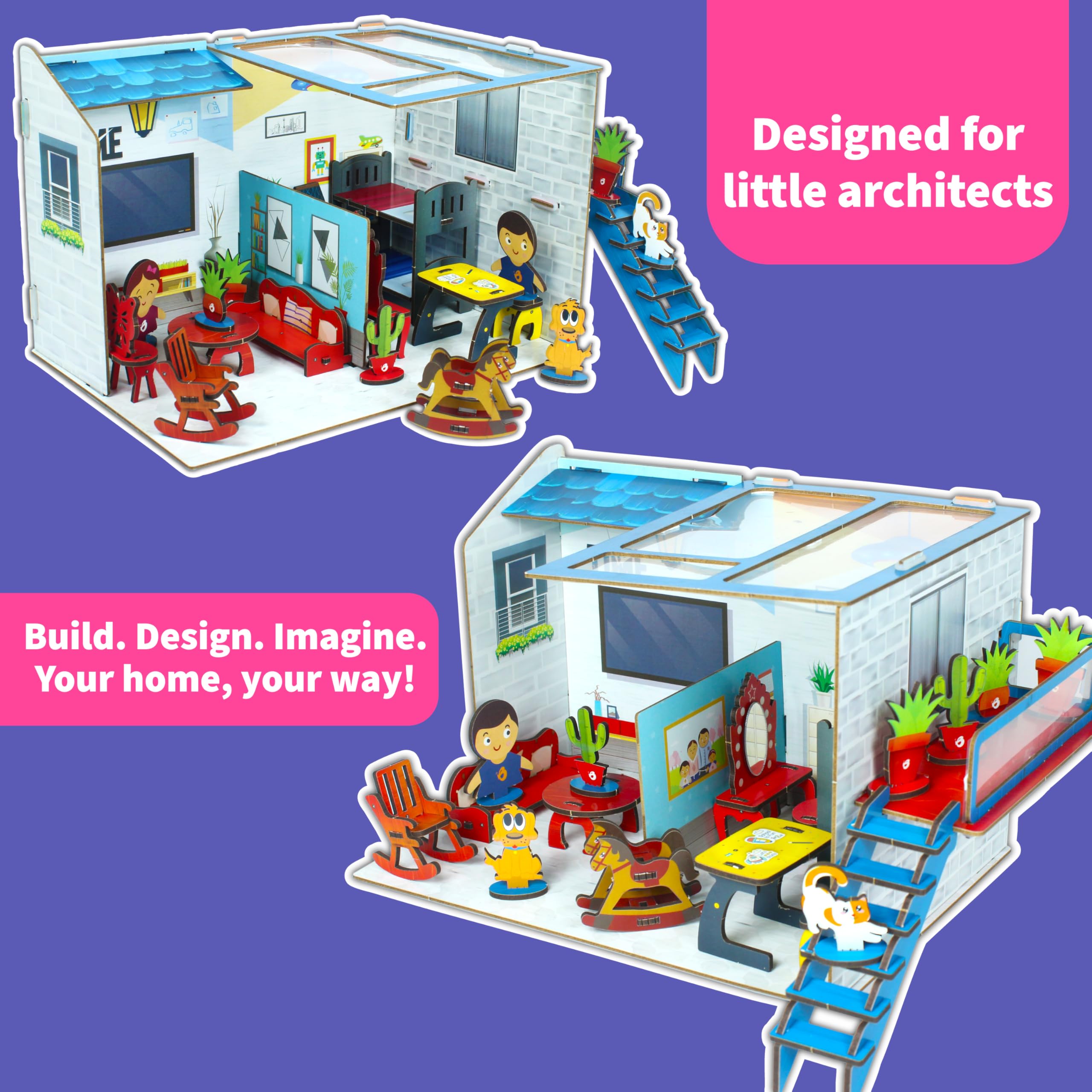 Butterfly Edufields Little Architect House para niños con 10 muebles en miniatura | Casa de muñecas eléctrica de madera para niños a partir de 5 años