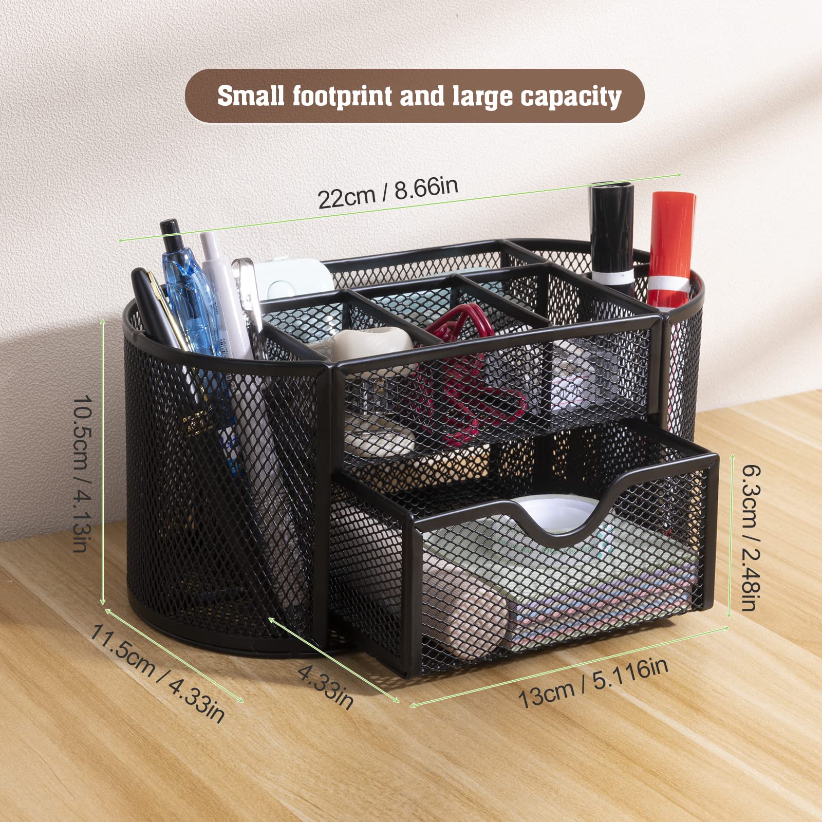 MumdoYAL Organisateur de bureau en maille métallique avec tiroir et porte-stylos pour stylos, notes adhésives, agrafeuses, trombones, compact et élégant pour un gain de place.