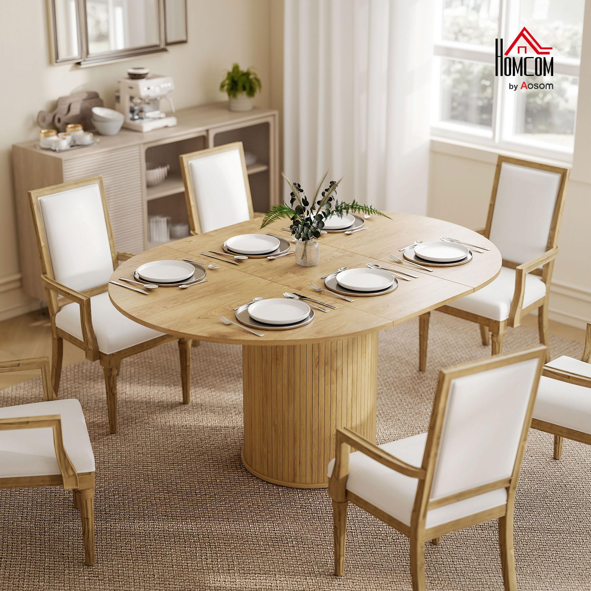 HOMCOM Tavolo da Pranzo Allungabile per 6-8 Persone con Pannelli Rimovibili, 110cm-150cm Tavolo Rotondo Allungabile ad Ovale con Base a Piedistallo, per Sala da Pranzo, Soggiorno, Color Legno