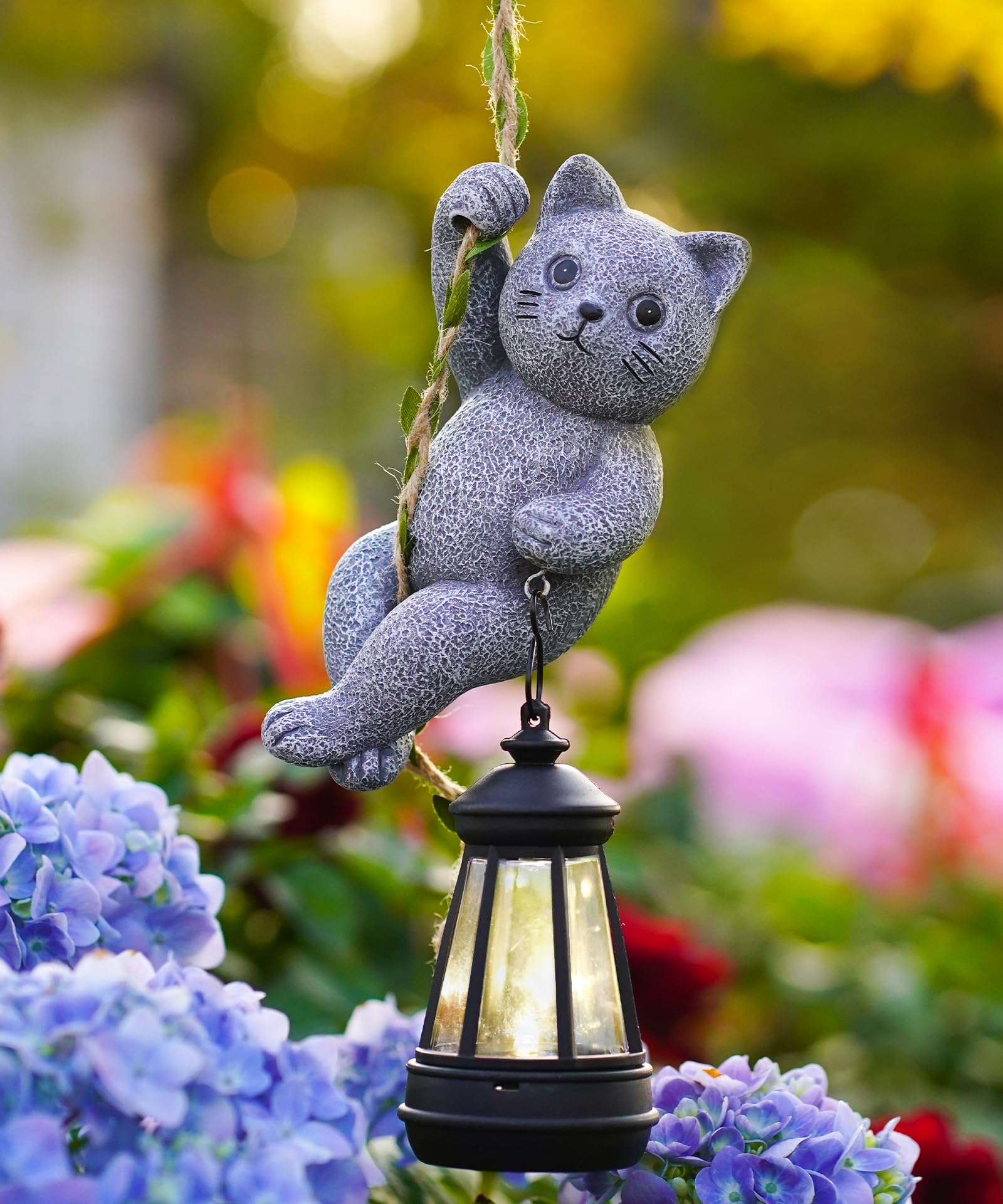 Yeomoo Hanging Cat Statue with Solar Lantern - Resin Climbing Garden Ornaments for Yard Porch Patio Tree Waterproof Accessories - Unique Gifts for Women Mum Animal Lovers