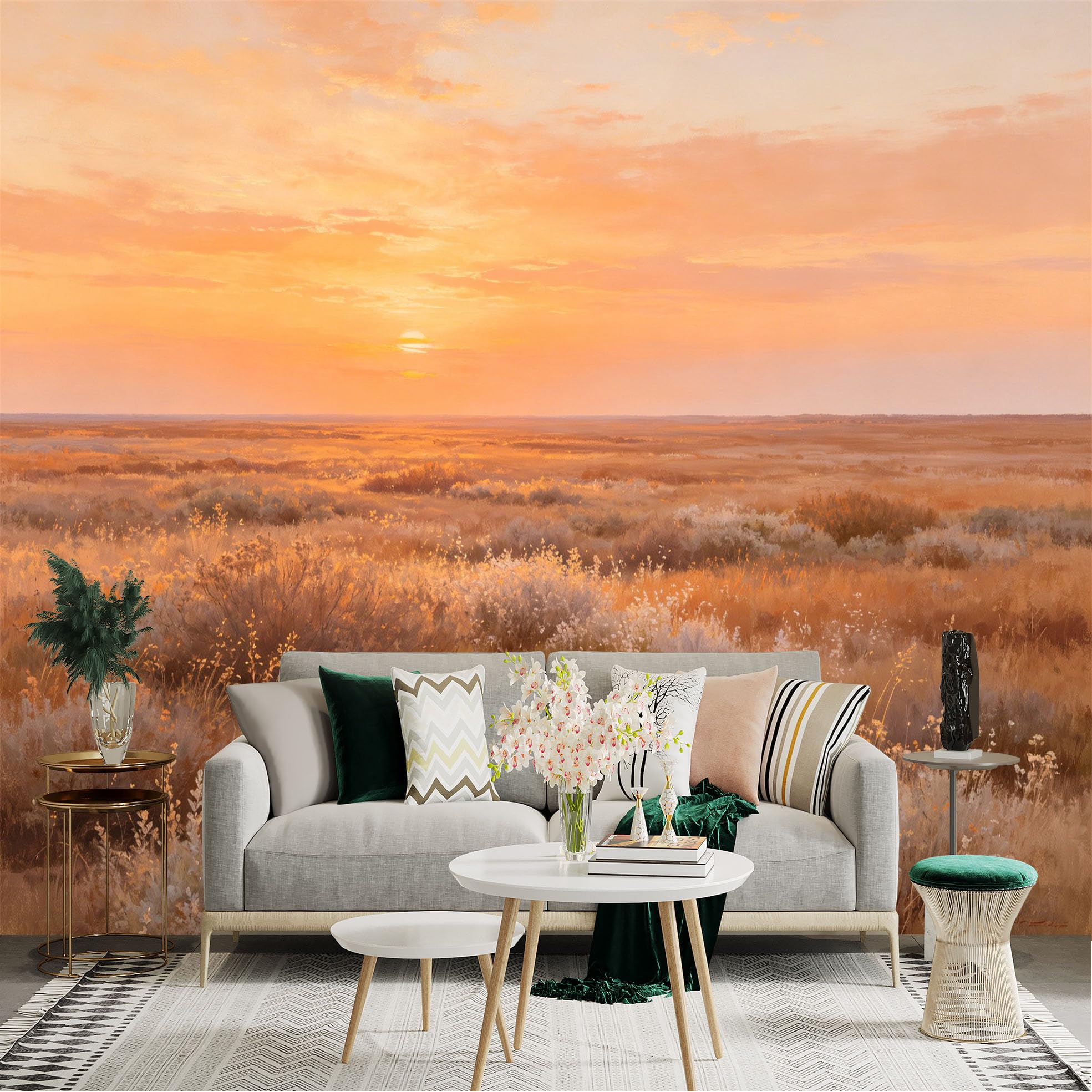Lnzczhyre Dbh260521859 Custom Size Wall Sticker Mural， Golden Sunset Over Wilderness， Vast Prairie Landscape， Warm Horizon Glow， Natural Scenery Art， For Wall Decoration， Peelandstick Wall Decals.