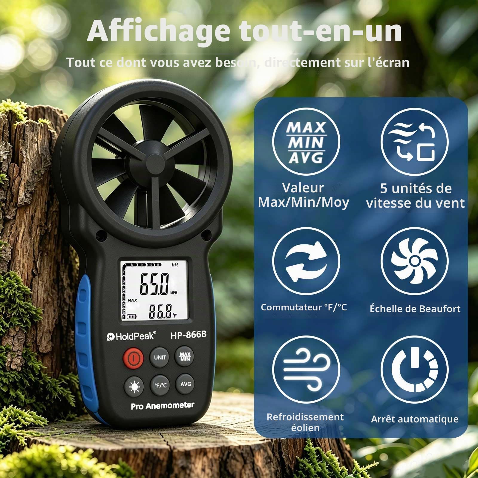 Anémomètre Portable, Anémomètre Numérique Haute Précision, Mesure la Vitesse du Vent, la Température, pour VMC, Extérieur, Drones HP-866B