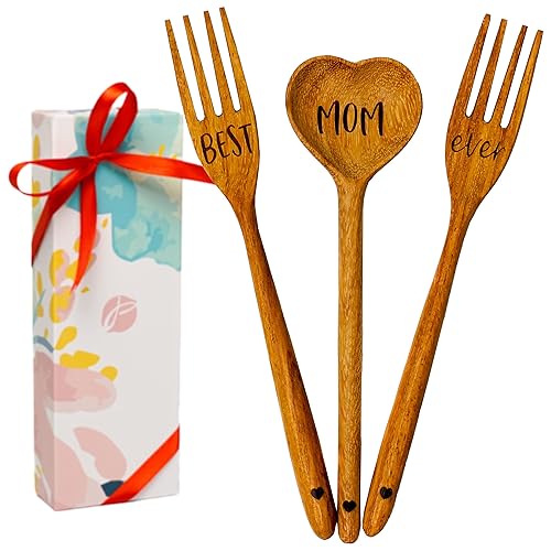 JABIHOME Wooden Serving Spoons and Fork Set of 3, Serving Fork, Heart-Shaped Spoon, Unique Gifts for Mom, Cooking Gifts for Women, Mother Gifts from