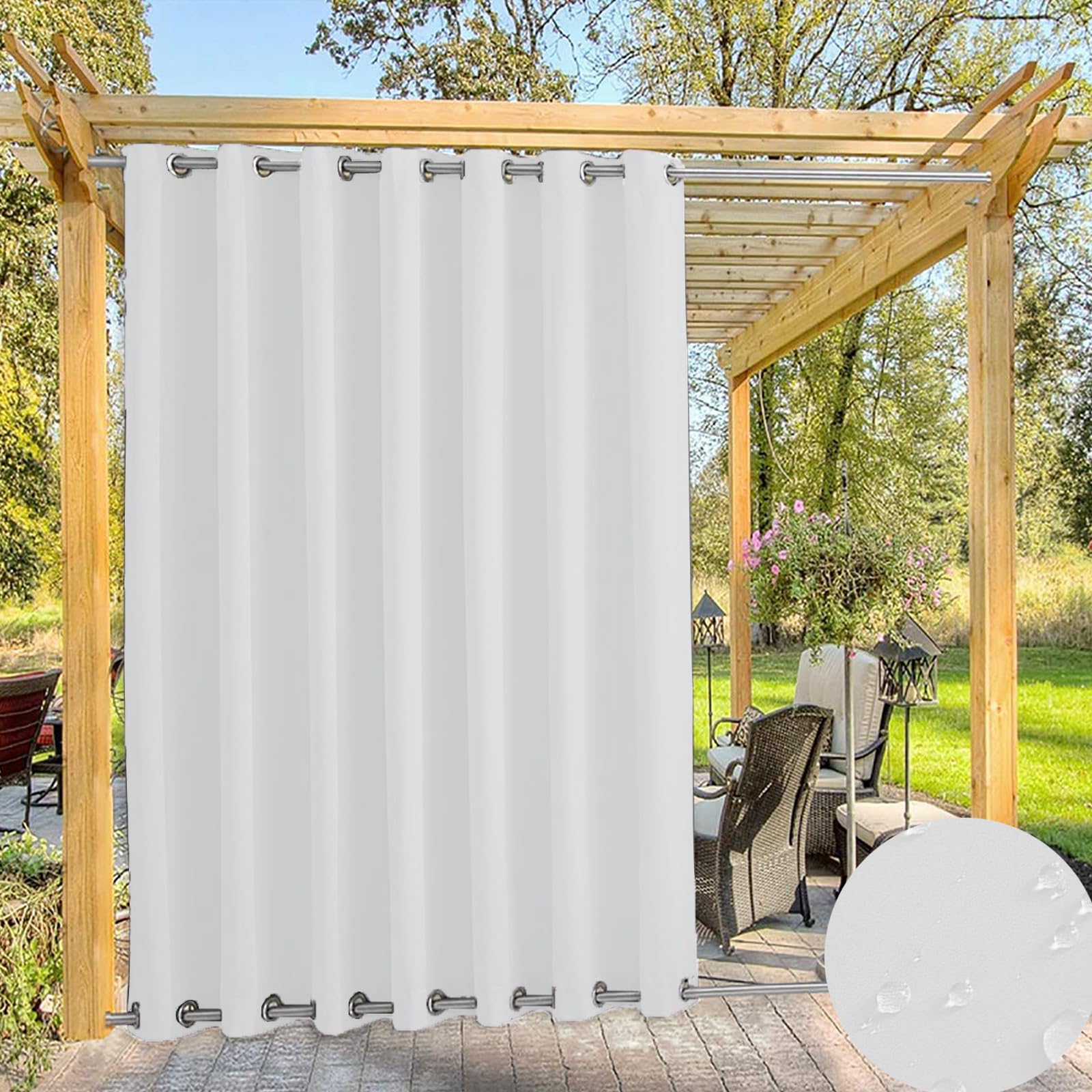 TECDOTO Waterproof Outdoor Curtain for Garden Patio Gazebo Curtains, Thermal Insulated Blackout Curtains with Grommet (Top and Bottom),Sun Blocking Curtains for Indoor |1 Panel, White,W72''*H104''