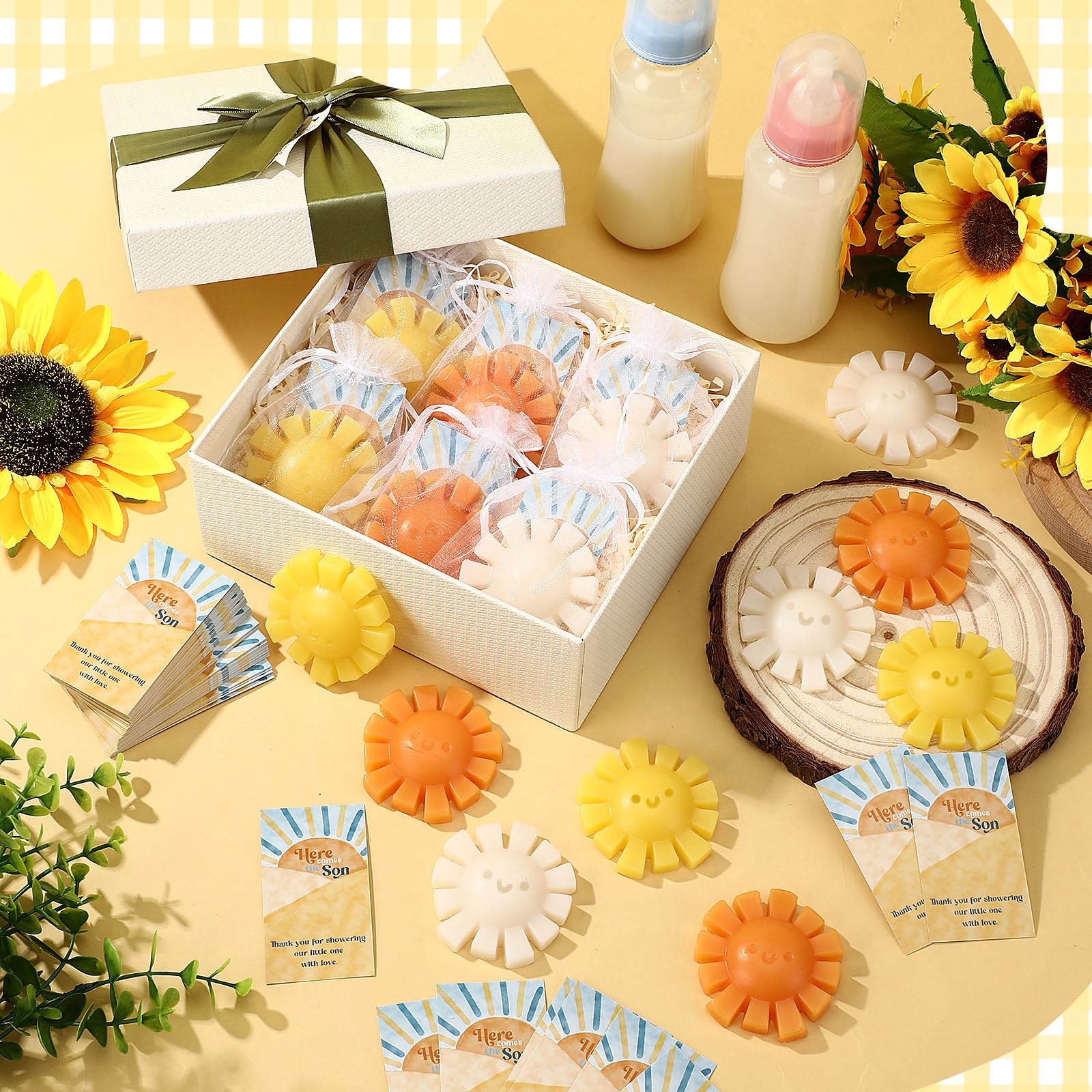 Leelosp 90 Sets mit Aufschrift "Here Comes the Son" für Babypartys, Sonnenscheinseifen, Sonne, handgefertigte Duftseife mit Dankeskarten und Organza-Beuteln für Gäste, Babyparty, Party, Spiel, Preis