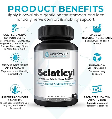 Miniatura 3 de Sciaticyl - Suplemento de apoyo nervioso con B1, B6, B12, magnesio, NAC, ALC y ácido alfa lipoico - Apoya la función nerviosa, movilidad, comodidad