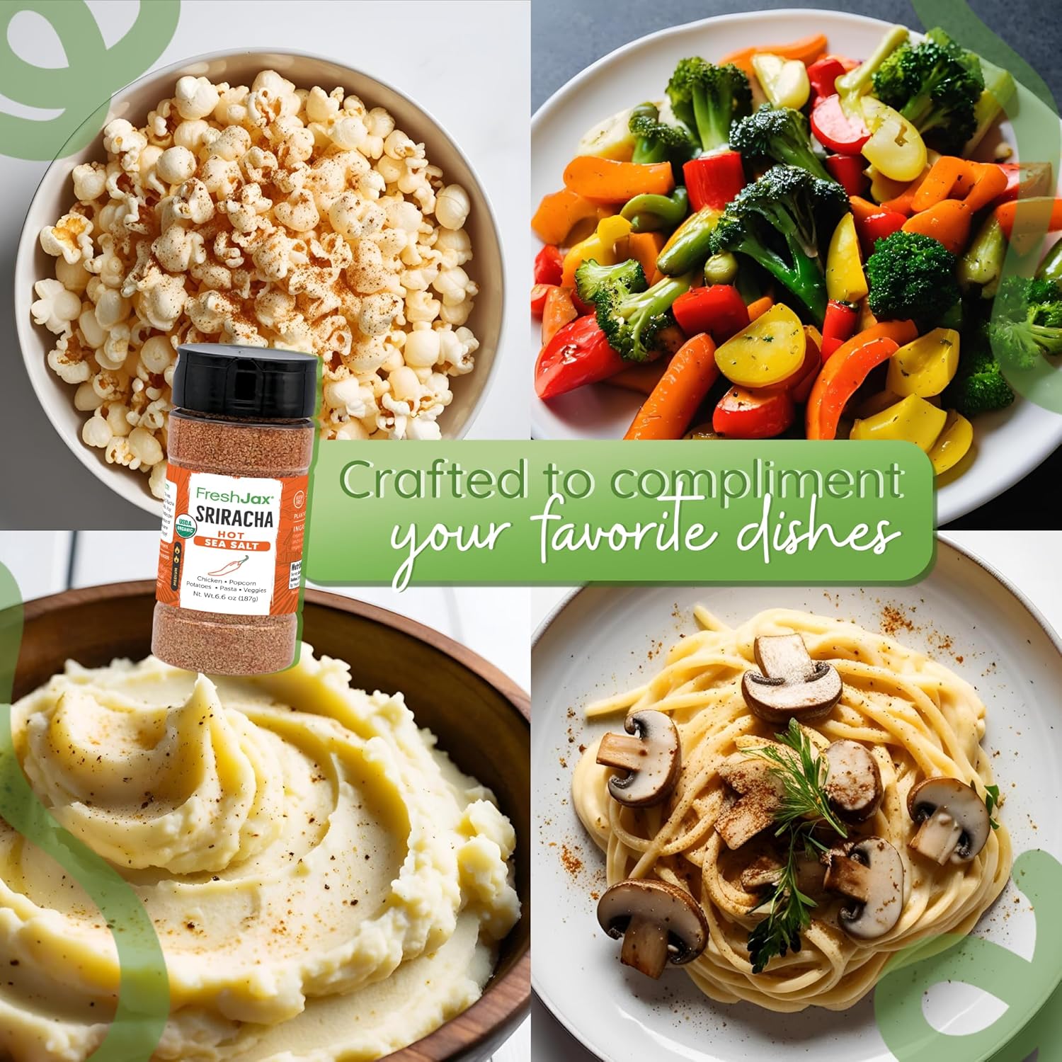 FreshJax Sriracha Hot Sea Salt, 6.6 oz Spicy Sea Salt Blend for Chicken Wings, Steak, Seafood, Roasted Veggies, Eggs, Fries, Popcorn, Pizza, Stir-Fry, Pork Chop Marinades| Large Bottle - Made in USA - Image 3