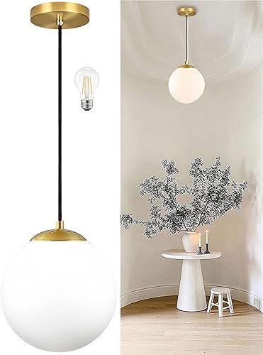 KoKo&Yukina Lámpara colgante moderna de globo de cristal blanco con acabado de latón, contemporánea de mediados de siglo, ajustable, lámpara