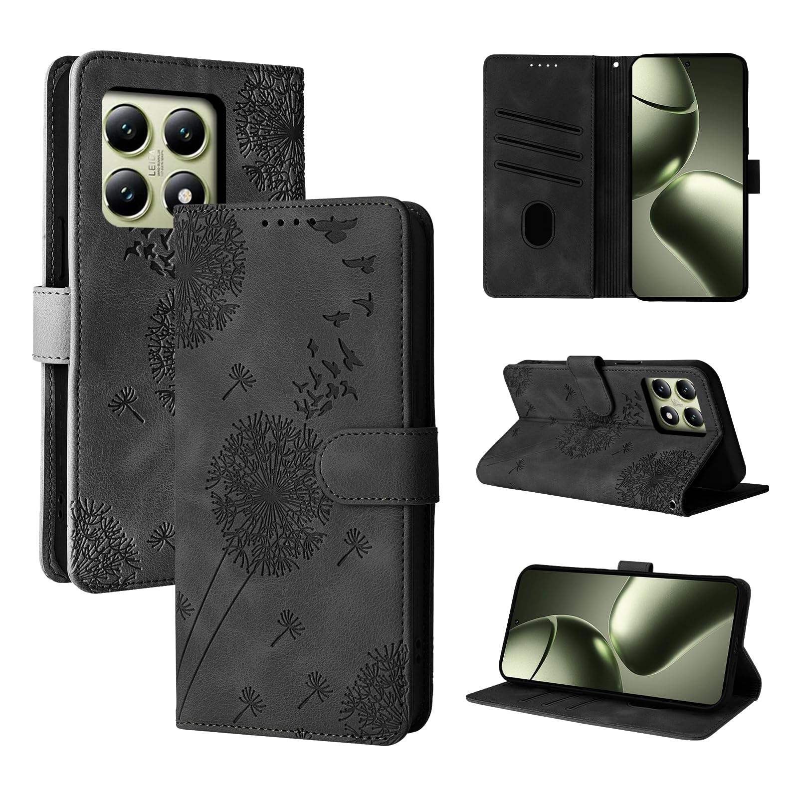 Rostsant Mobile Phone Case for Xiaomi 14T - Dandelion PU Leather Flip Case Wallet Case Magnetic Black