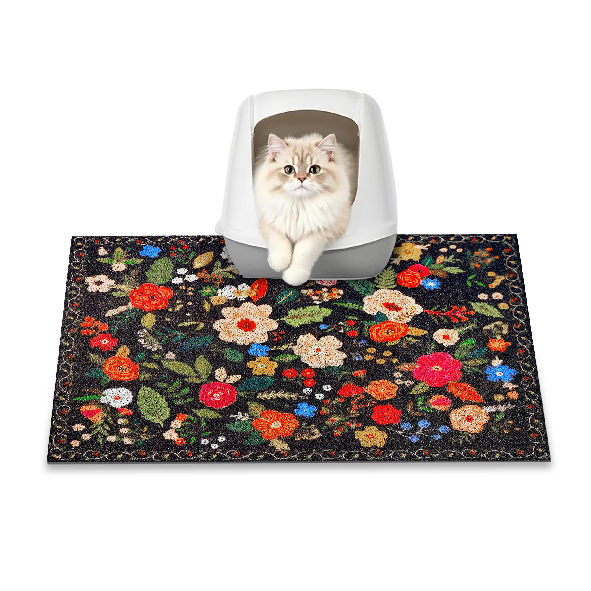 YOSEPATI Tappetino per Lettiera Gatto, 60x40 cm Tappeto Lettiera Gatti, Antiscivolo e Impermeabile, Trattiene il 100% della Sabbia, Grande e Facile da Pulire (Giardino Nero, 60 x 40cm)