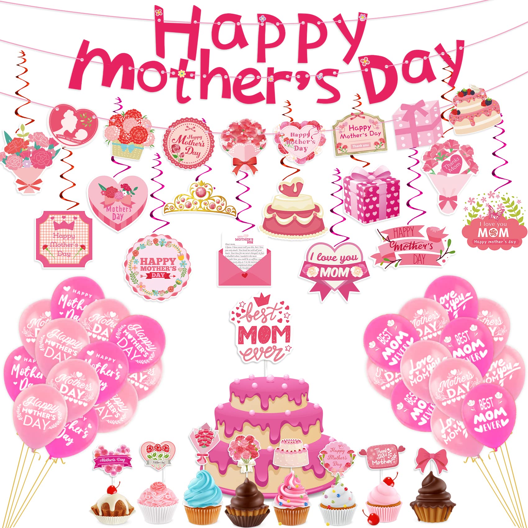 FunnlotMothers Day Decorations for Party 93 Pieces Happy Mothers Day Decorations Happy Mothers Day Banner Cake Cupcake Toppers Balloons Hanging Decorations for Brunch Home Table Party Favors Supplies
