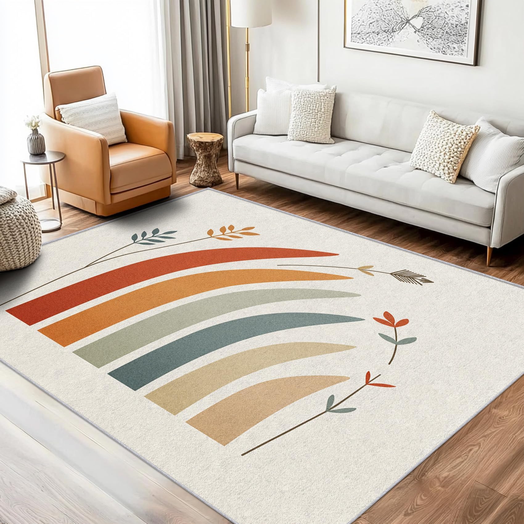 Cute Regenbogen Teppich Kinderzimmer 100x140cm Waschbar Zweige Blätter Deko Baby Teppich Kurzflor rutschfest Fußmatten für Spielzimmer Krabbelmatte Klassenzimmer Wohnzimmer Schlafzimmer
