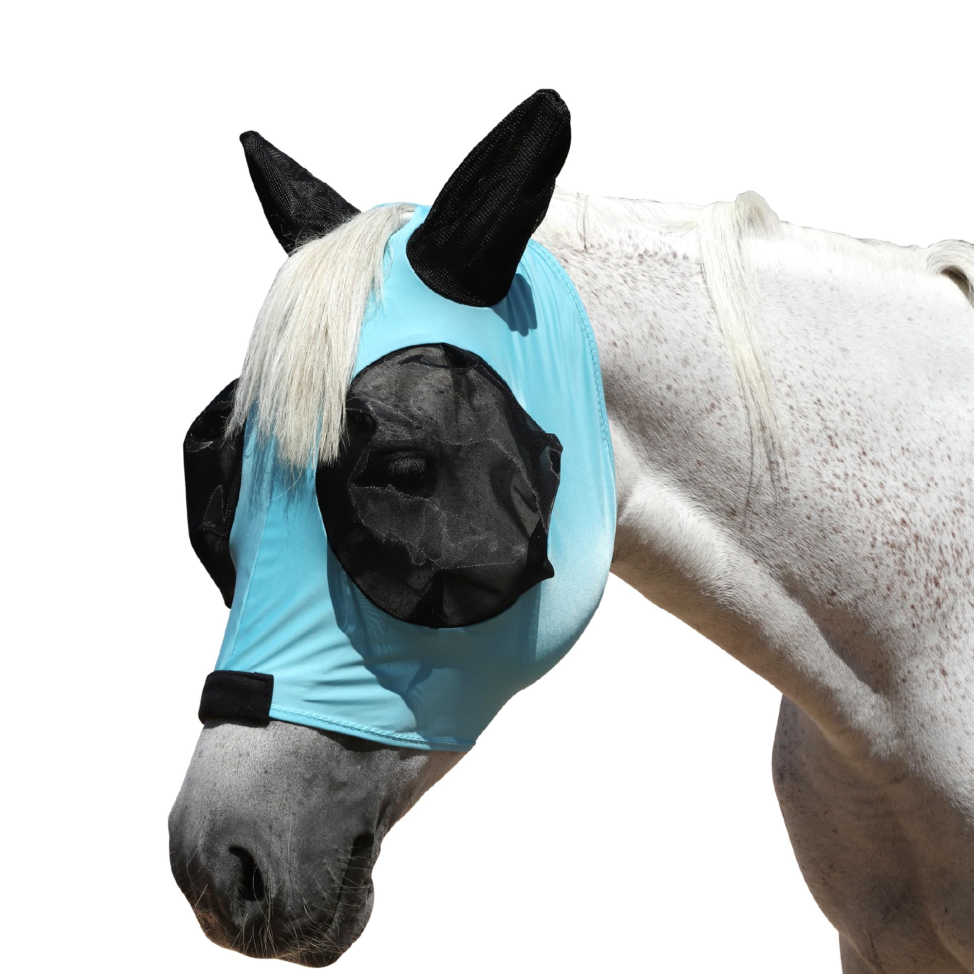 Masque Anti-Mouches pour Chevaux avec Oreilles, Protection UV, Respirant, Grands Yeux - Bleu Lac (Medium)