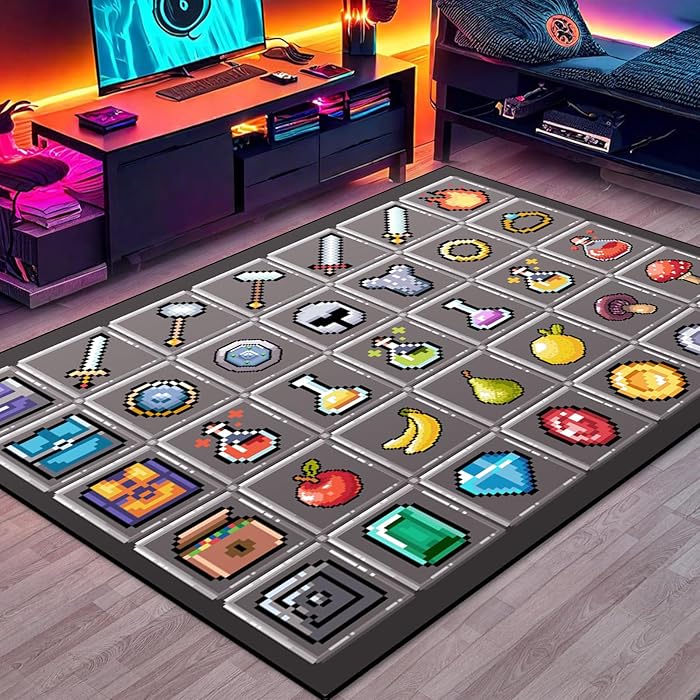 Amazon.com: DRVAKO Game Rug Teen Boys Carpet with Pixel Games Element Items Decoration Mat, Weapon Medical Game Rugs for Boy’s Bedroom Living Room Playroom, Non-Slip Children Gaming Area Rugs (Grey, 70" x 55") : Home & Kitchen