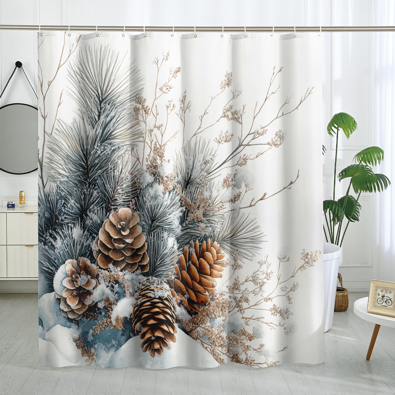 TPHIHPT Christmas Pine Cones Shower Curtain Set, Vintage Xmas Snow Watercolor Shower Curtain Retro Bathroom Accessories, Polyester Fabric Decorative -