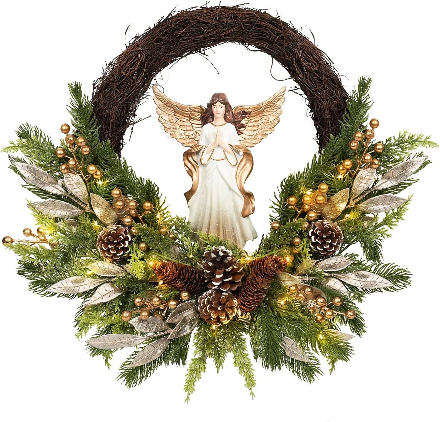 christmas wreath artificial wreath with a resin angel statue, golden berries, and led lights, suitable for decorating doors, windows, walls, and above fireplaces. gold angel with light-1