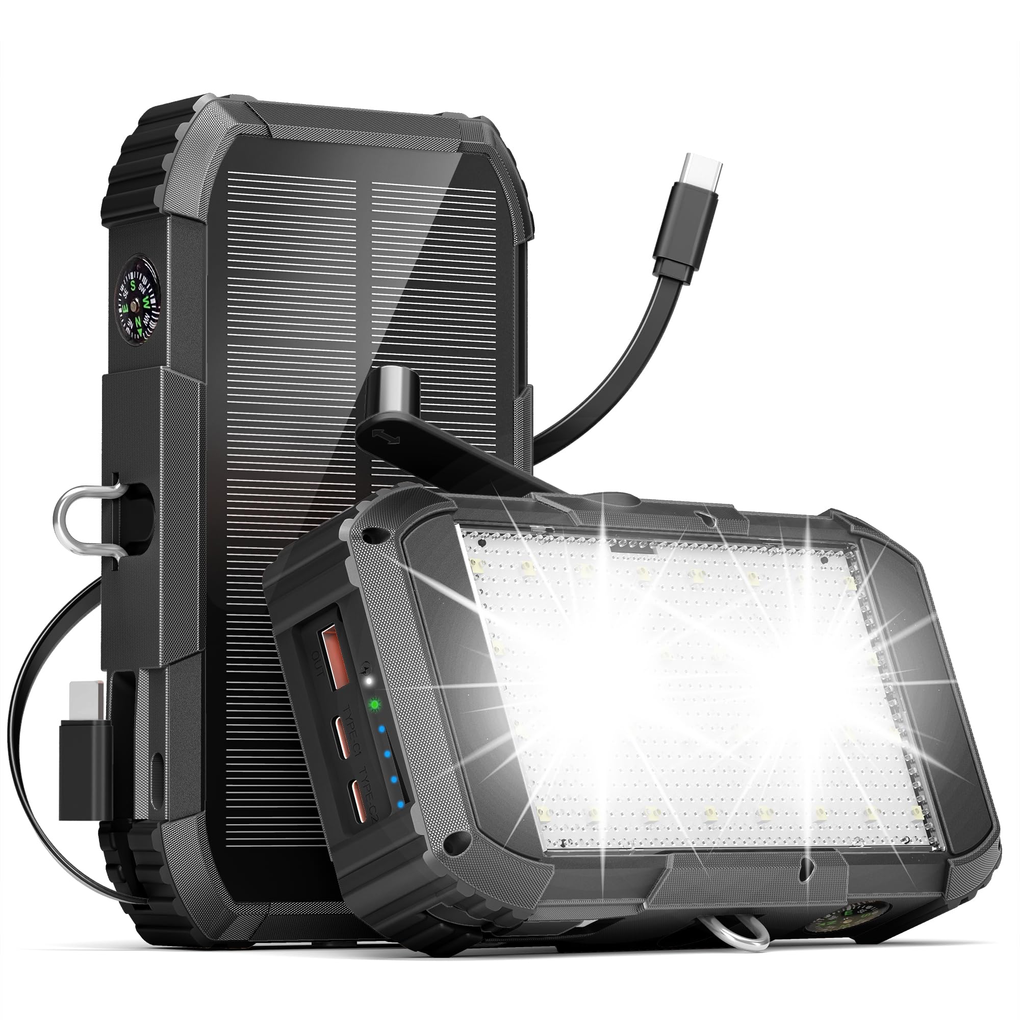 52800mAh Power Bank Solare 30W PD Caricabatterie Portatile a Manovella con Cavo Retrattile e Adattatore Lightning, 4 Uscite, Luce LED, Bussola Batteria Esterna per Campeggio ed Emergenza