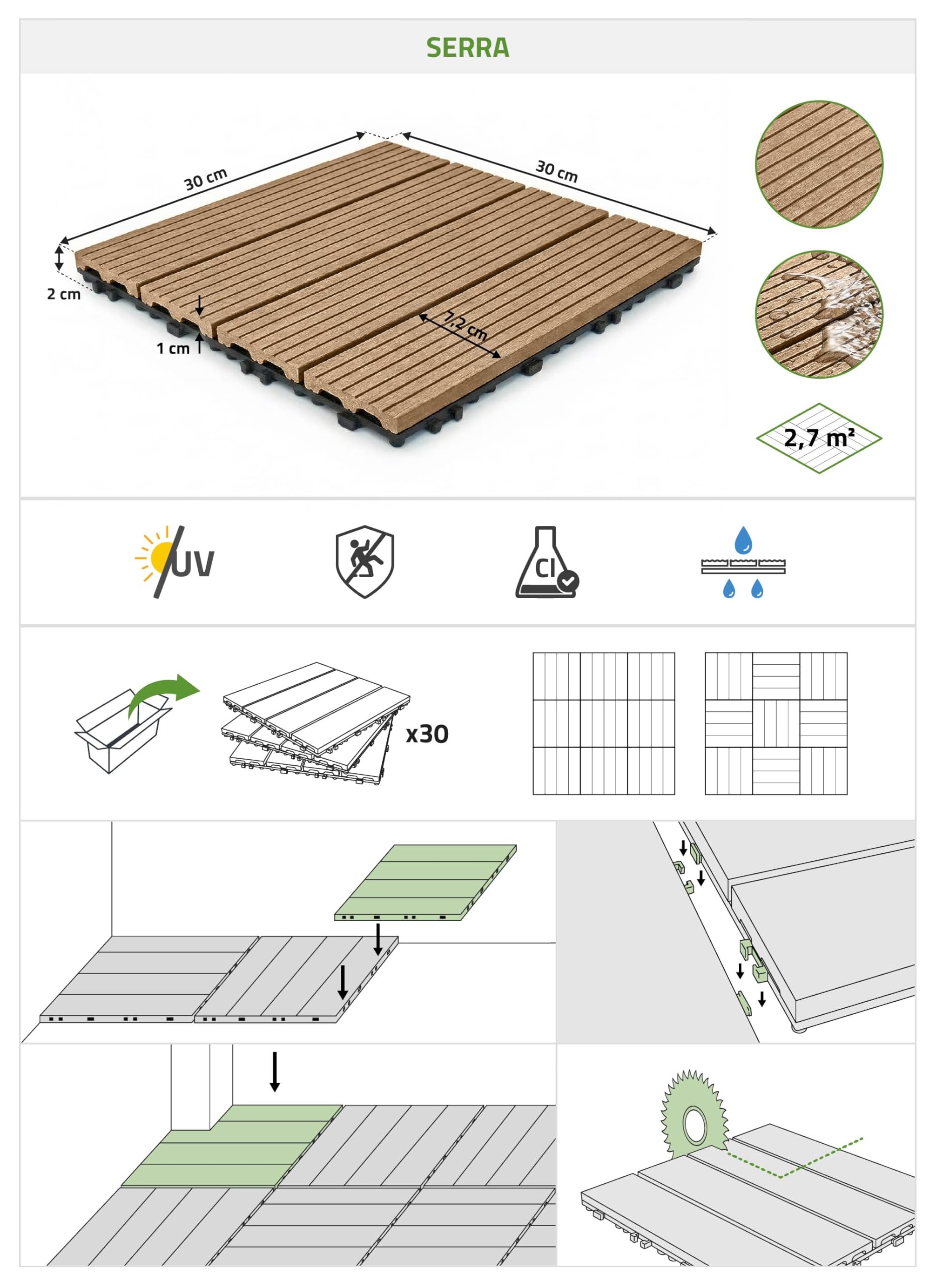 Casanoov Lot de 30 dalles clipsables terrasse en composite SERRA teck rainuré 30x30cm