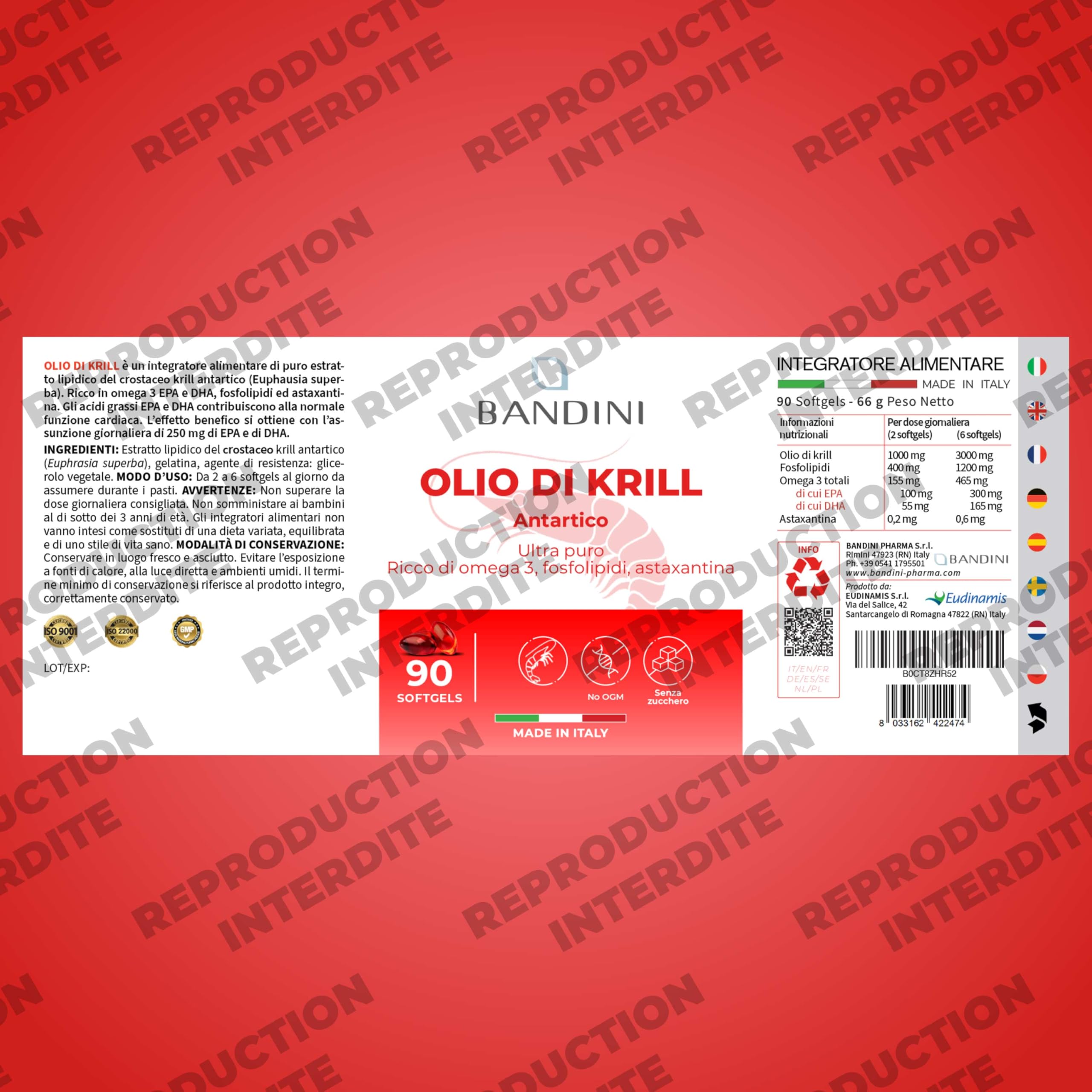 Bandini® Huile de Krill Pure d' Antarctique 3000mg Oméga 3 | 465 mg DHA et EPA, 1200 mg Phospholipides Marins, Source de Astaxanthine, Acides Gras Essentiels Omega-3 | Idéal pour le coeur - 90 gélules